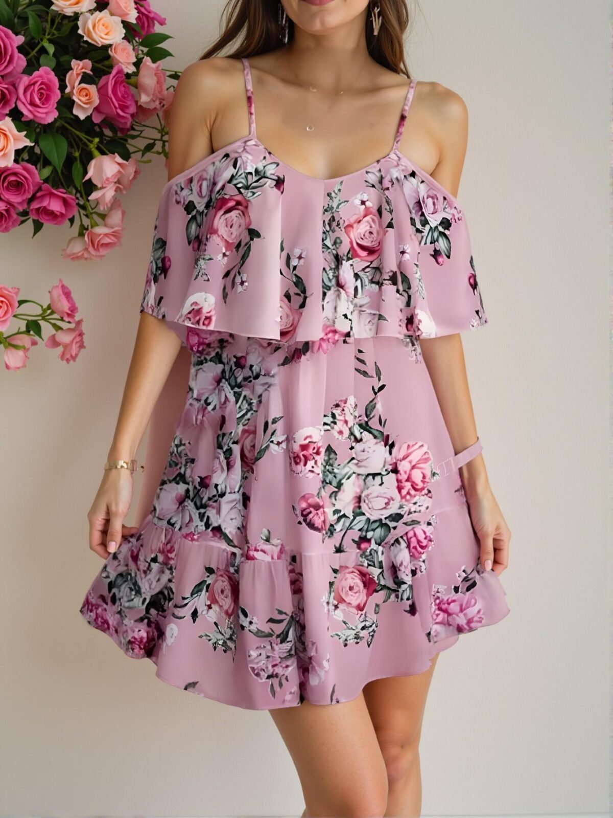 Elegant Pink Ruffled Tiered Chiffon Off-Shoulder Dress, Perfect for Mother's Day, Boho Vibes, Beach Vacations, and Summer Parties - Chic, Classy and Trendy Fashion Style to Dress to Impress - Image 5