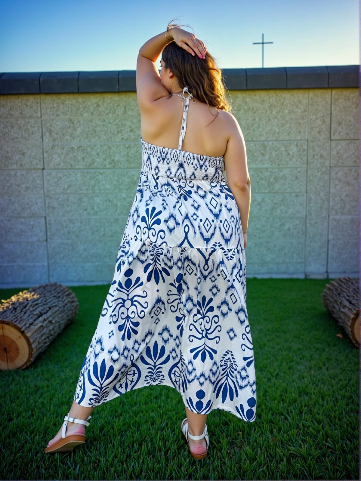 Elegant Blue and White Flared High Waist Cami Dress with Backless Knot Details for Spring and Summer - Chic, Classy and Trendy Fashion Style to Dress to Impress - Image 2