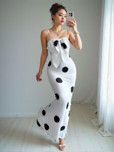 Elegant White Polka Dot Print Bowknot Spaghetti Strap Maxi Dress for Spring and Summer - Chic, Classy and Trendy Fashion Style to Dress to Impress