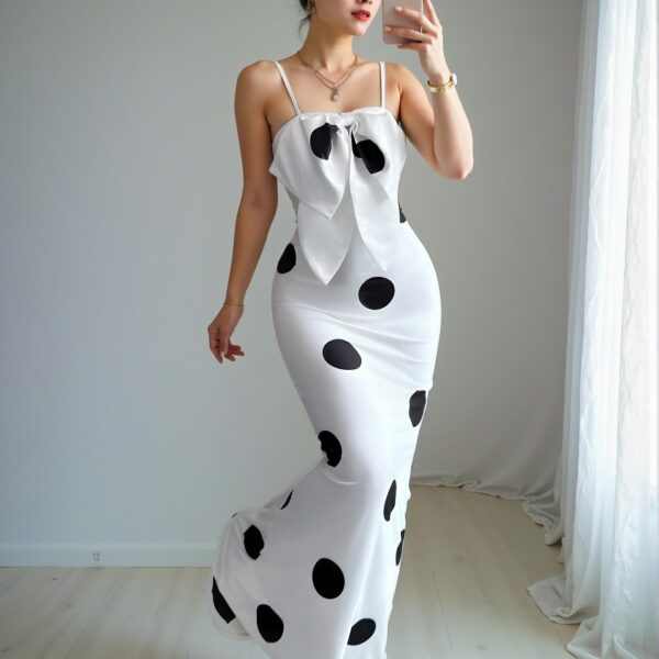 Elegant White Polka Dot Print Bowknot Spaghetti Strap Maxi Dress for Spring and Summer - Chic, Classy and Trendy Fashion Style to Dress to Impress