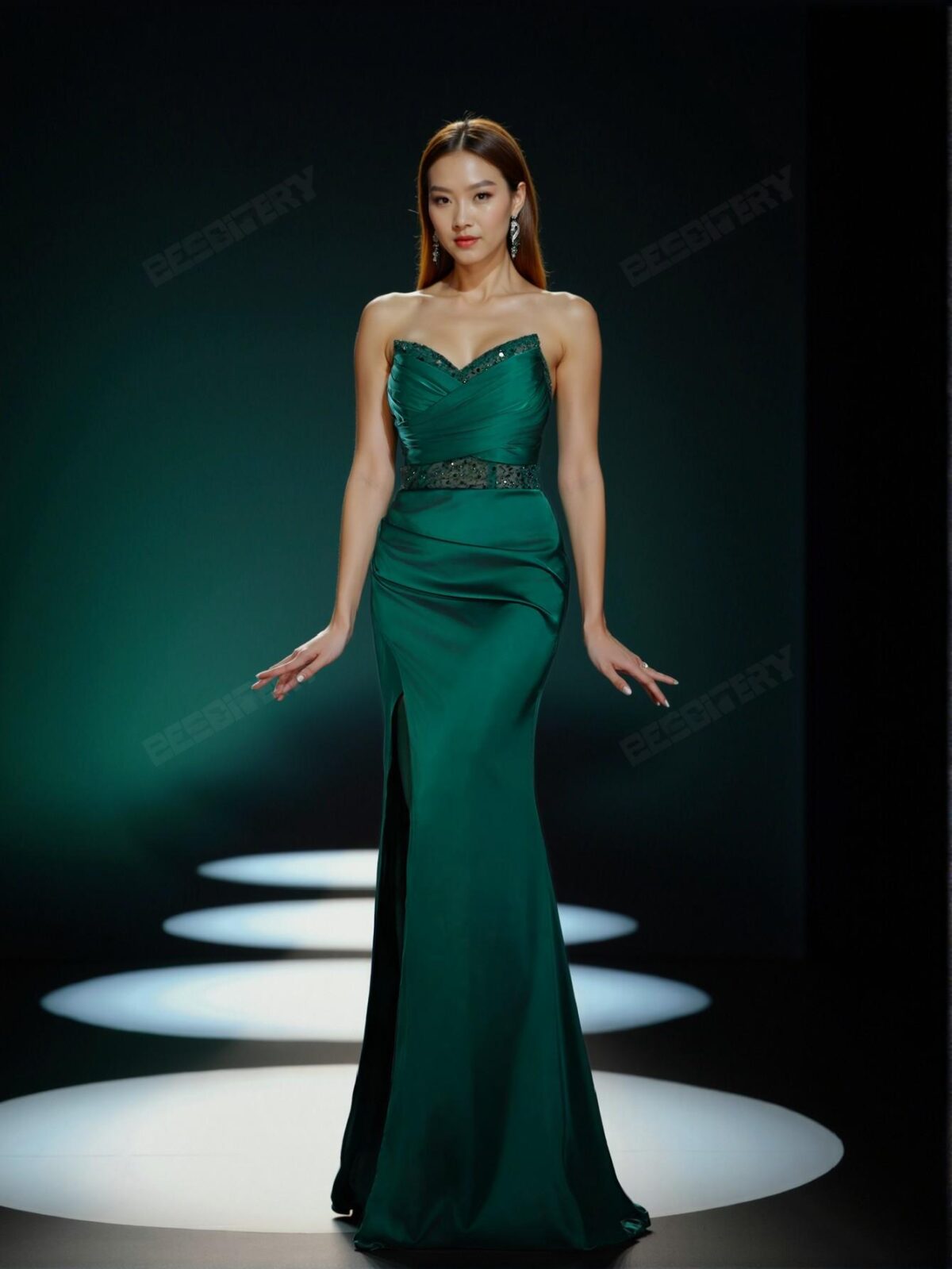 Elegant Dark Green Strapless Empire Waist Evening Gown with Ruched Bodice and High Slit, Art Deco Beading for Modern Art Gala and Surrealist Events. Perfect for party, prom, graduation day, and ceremony for university, college, and high school, Formal Evening Dinner Cocktail, Wedding Guest Gown, Chic, Classy and Trendy Fashion Style to Dress to Impress. - Image 3