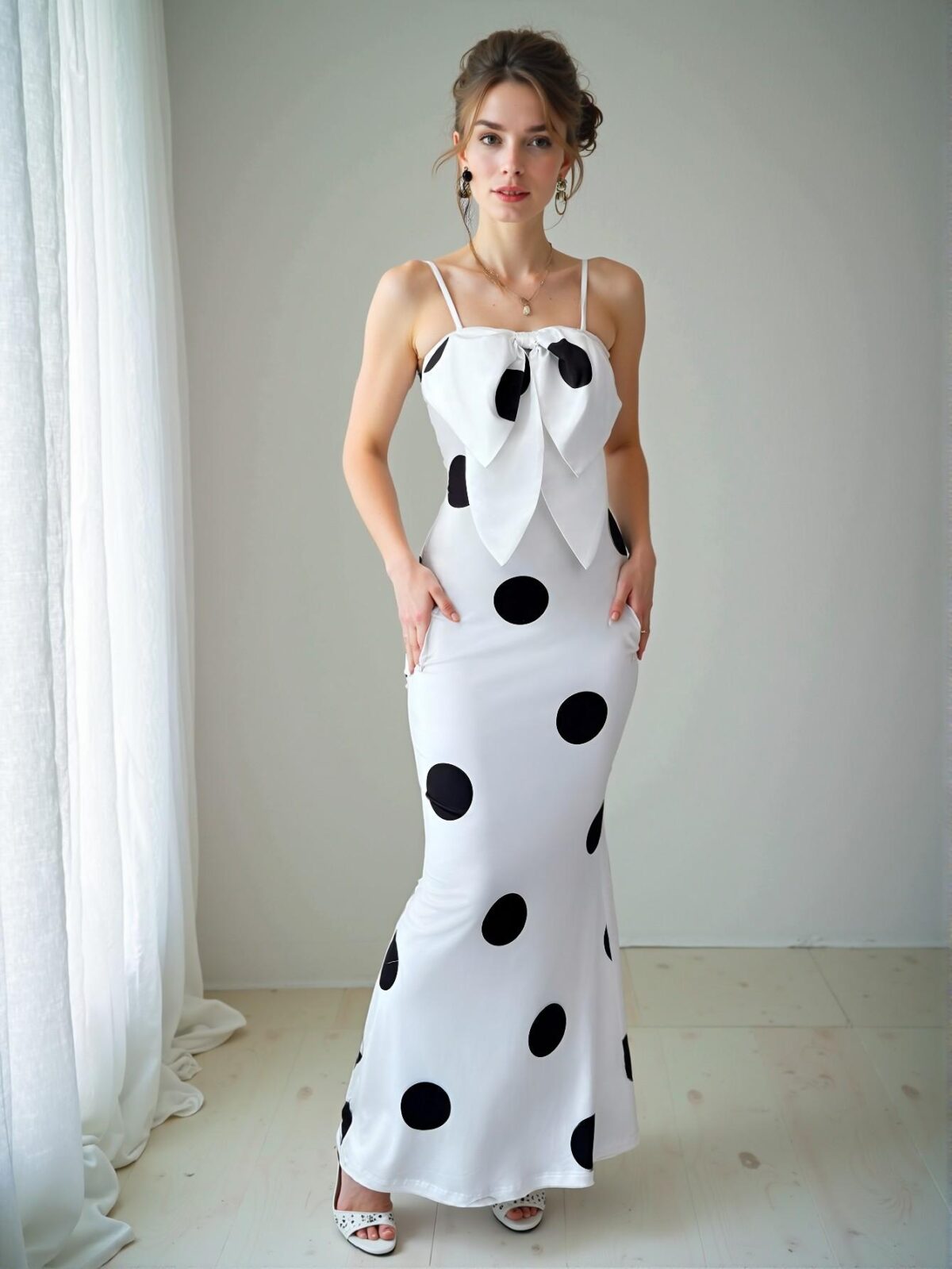 Elegant White Polka Dot Print Bowknot Spaghetti Strap Maxi Dress for Spring and Summer - Chic, Classy and Trendy Fashion Style to Dress to Impress - Image 4