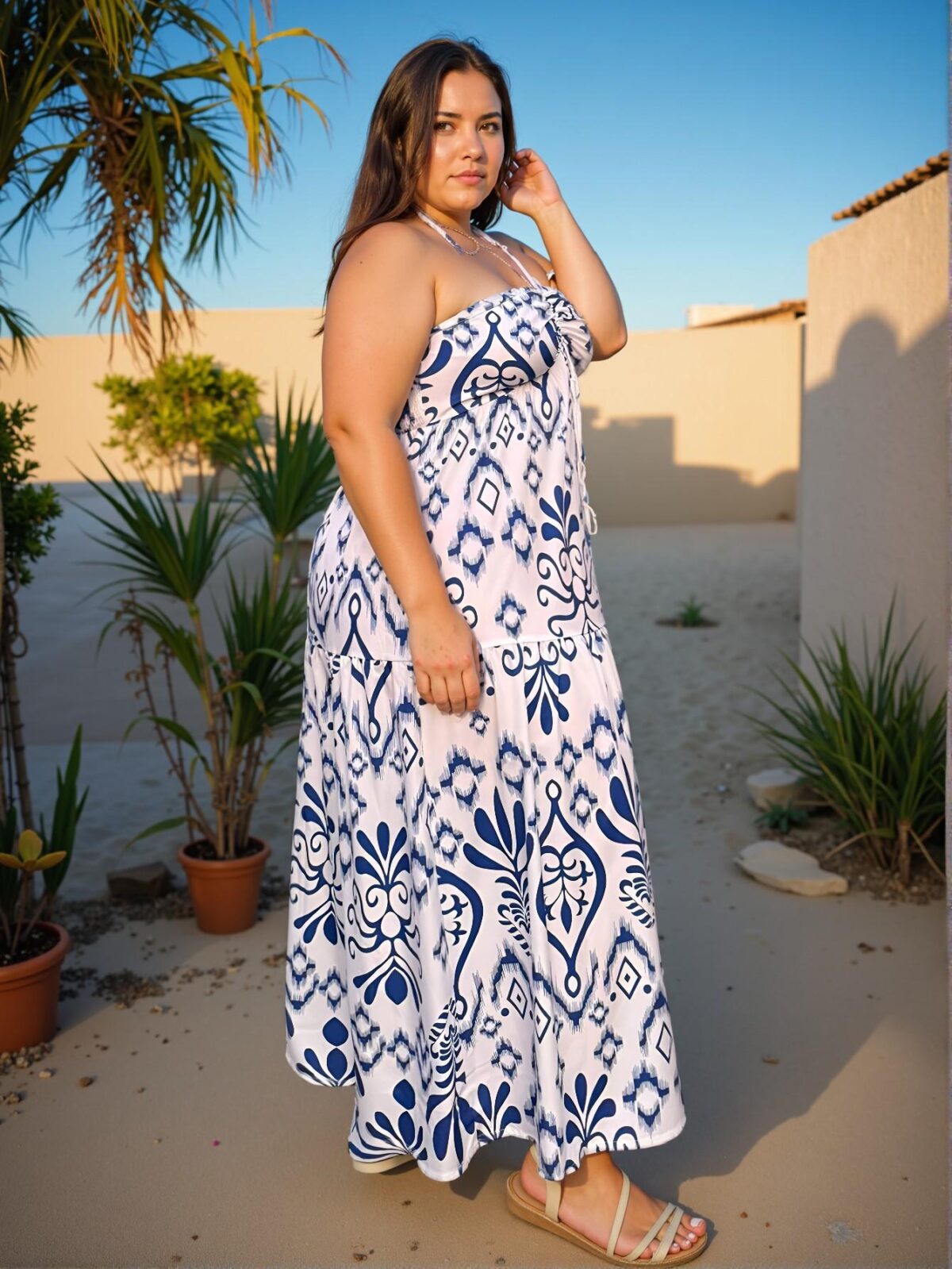 Elegant Blue and White Flared High Waist Cami Dress with Backless Knot Details for Spring and Summer - Chic, Classy and Trendy Fashion Style to Dress to Impress - Image 5