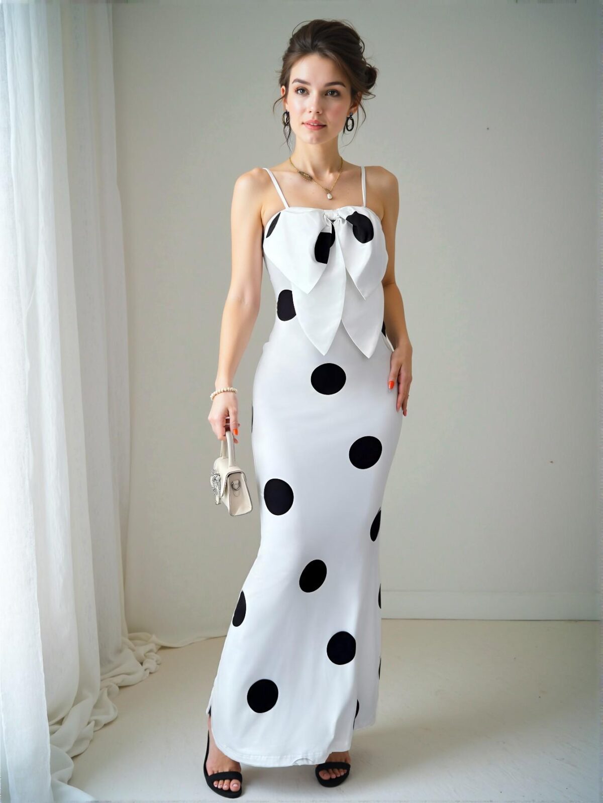 Elegant White Polka Dot Print Bowknot Spaghetti Strap Maxi Dress for Spring and Summer - Chic, Classy and Trendy Fashion Style to Dress to Impress - Image 5