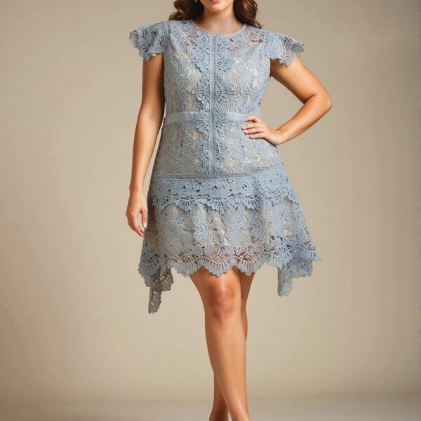 Elegant Blue Flounce Sleeve Tiered Floral Round Neck Plus Size Mini Dress for Spring and Summer - Chic, Classy and Trendy Fashion Style to Dress to Impress