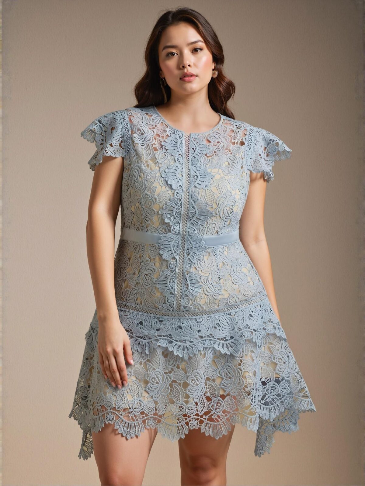 Elegant Blue Flounce Sleeve Tiered Floral Round Neck Plus Size Mini Dress for Spring and Summer - Chic, Classy and Trendy Fashion Style to Dress to Impress - Image 5