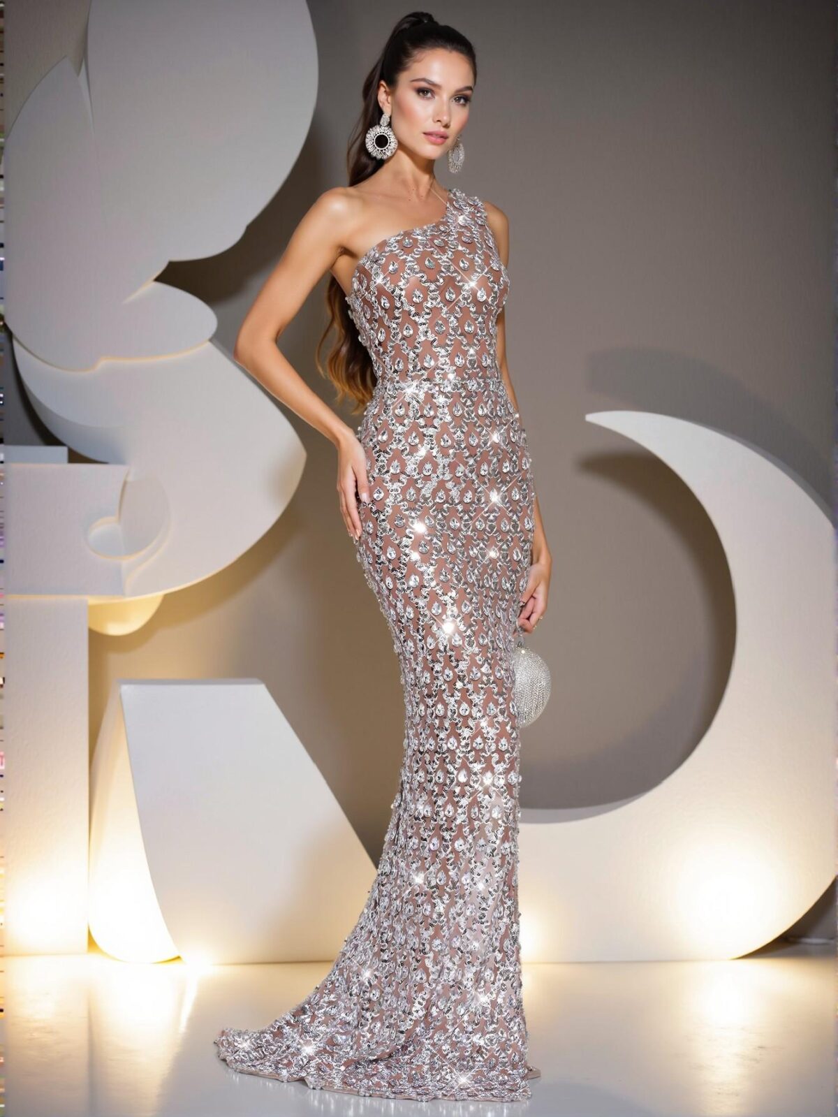 Elegant Coffee Brown Stylish One Shoulder Sequin and Rhinestone Backless Evening Gown for Formal Celebrations and Bridesmaid Events Perfect for party, prom, graduation day, and ceremony for university, college, and high school, Formal Evening Dinner Cocktail, Wedding Guest Gown, Chic, Classy and Trendy Fashion Style to Dress to Impress. - Image 5