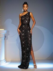 Elegant Black Exquisite One-Shoulder Backless Beaded Dress, Stylish Formal Gown for Weddings and Evening Events, Perfect for party, prom, graduation day, and ceremony for university, college, and high school, Formal Evening Dinner Cocktail, Wedding Guest Gown, Chic, Classy and Trendy Fashion Style to Dress to Impress