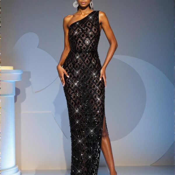 Elegant Black Exquisite One-Shoulder Backless Beaded Dress, Stylish Formal Gown for Weddings and Evening Events, Perfect for party, prom, graduation day, and ceremony for university, college, and high school, Formal Evening Dinner Cocktail, Wedding Guest Gown, Chic, Classy and Trendy Fashion Style to Dress to Impress