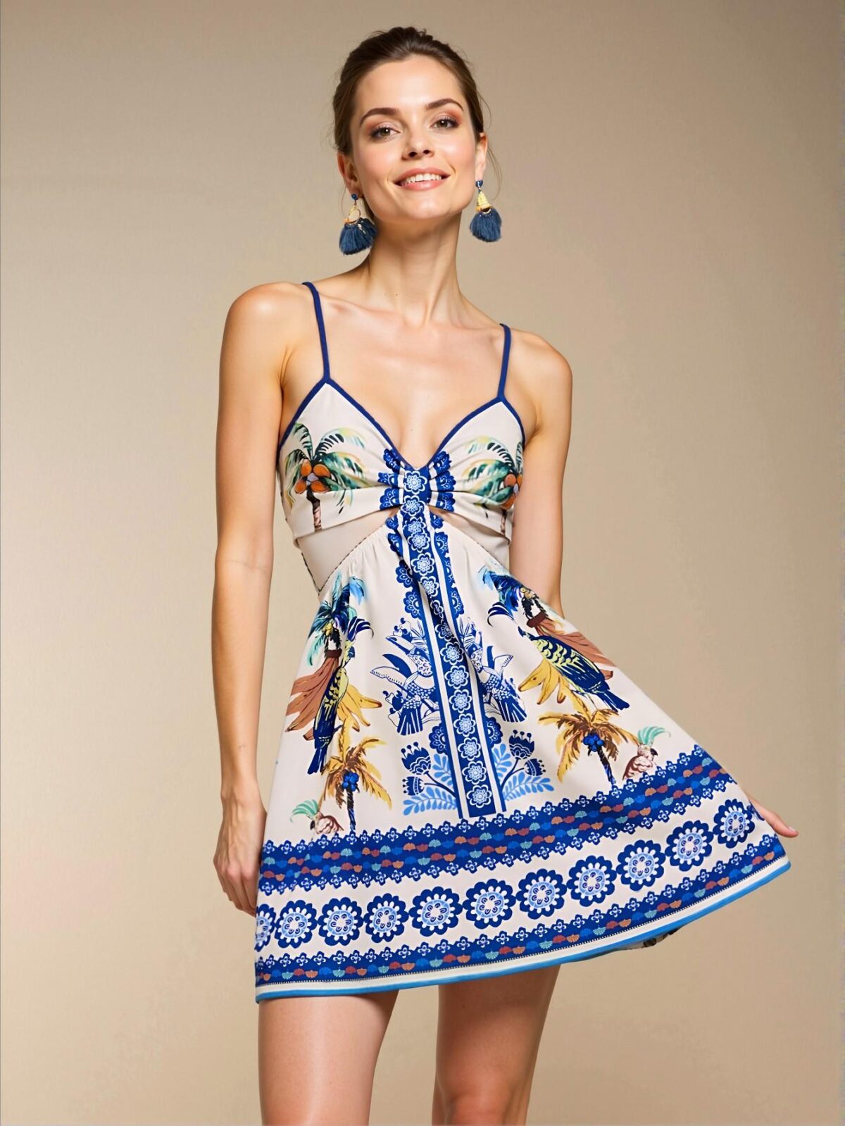 Elegant Multicolor Bohemian Floral Cutout Waist Spaghetti Strap Summer Dress for Vacation and Beach Outings - Chic, Classy and Trendy Fashion Style to Dress to Impress