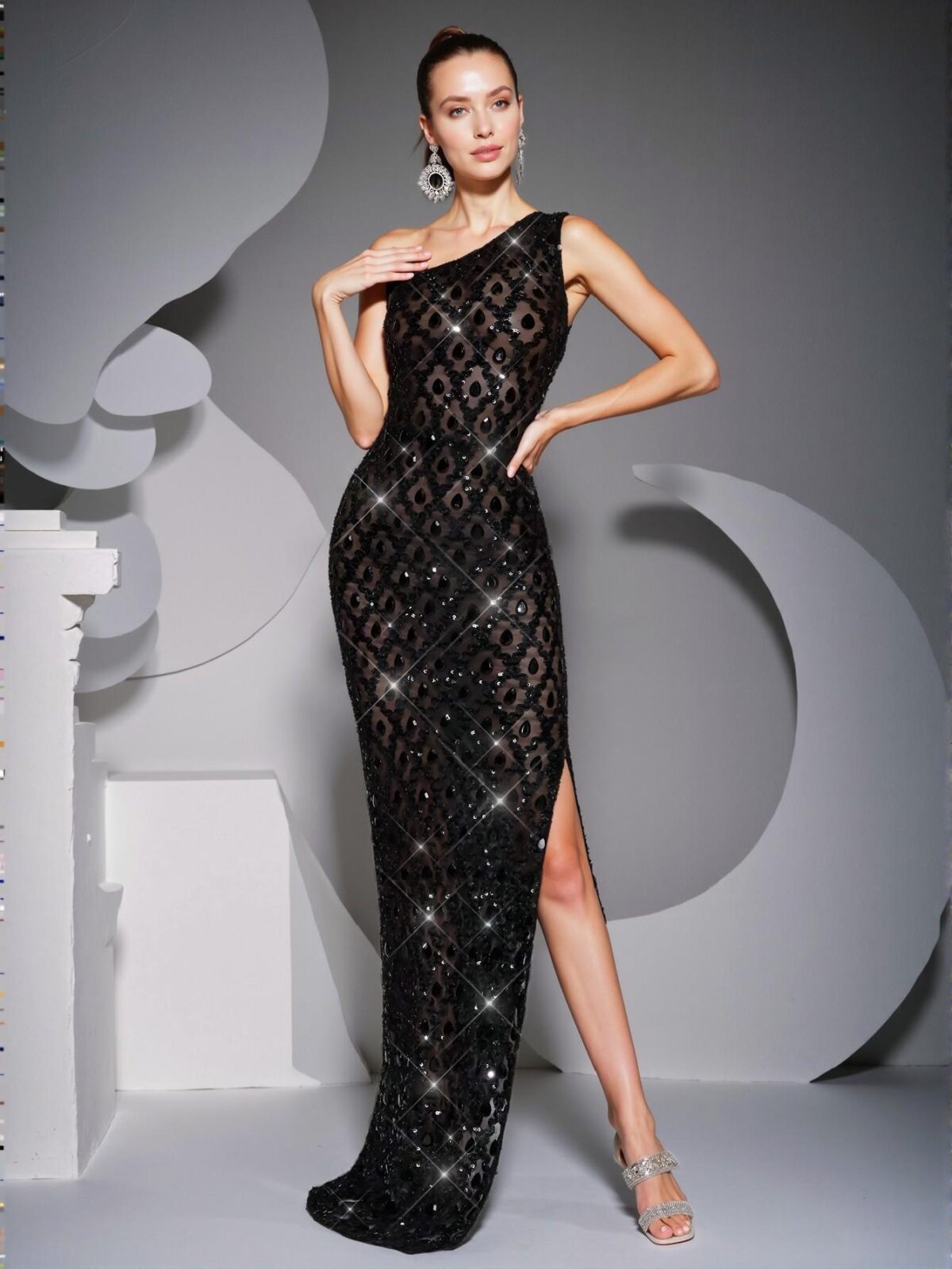 Elegant Black Exquisite One-Shoulder Backless Beaded Dress, Stylish Formal Gown for Weddings and Evening Events, Perfect for party, prom, graduation day, and ceremony for university, college, and high school, Formal Evening Dinner Cocktail, Wedding Guest Gown, Chic, Classy and Trendy Fashion Style to Dress to Impress - Image 3