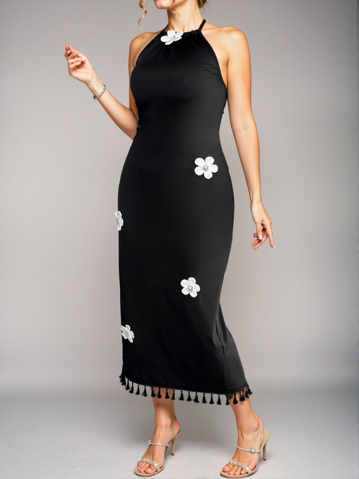 Elegant Black Floral Halter Neck Dress with Tassel Trim for Spring and Summer - Chic, Classy and Trendy Fashion Style to Dress to Impress