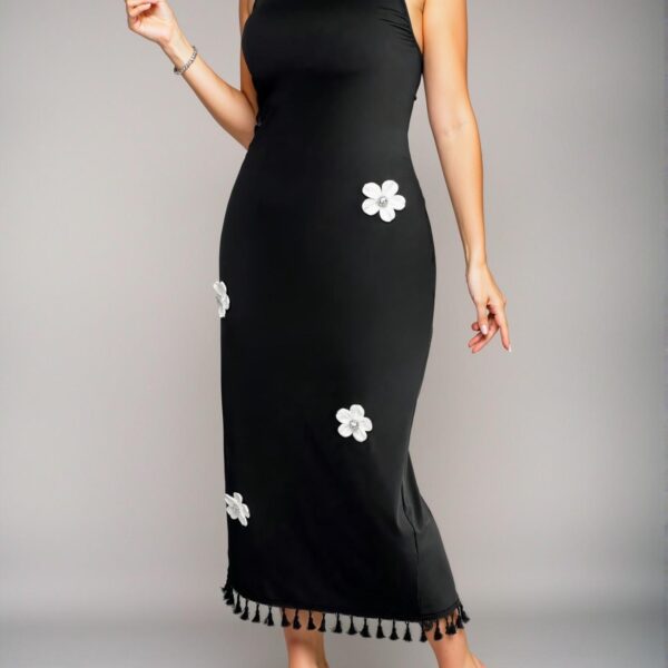 Elegant Black Floral Halter Neck Dress with Tassel Trim for Spring and Summer - Chic, Classy and Trendy Fashion Style to Dress to Impress