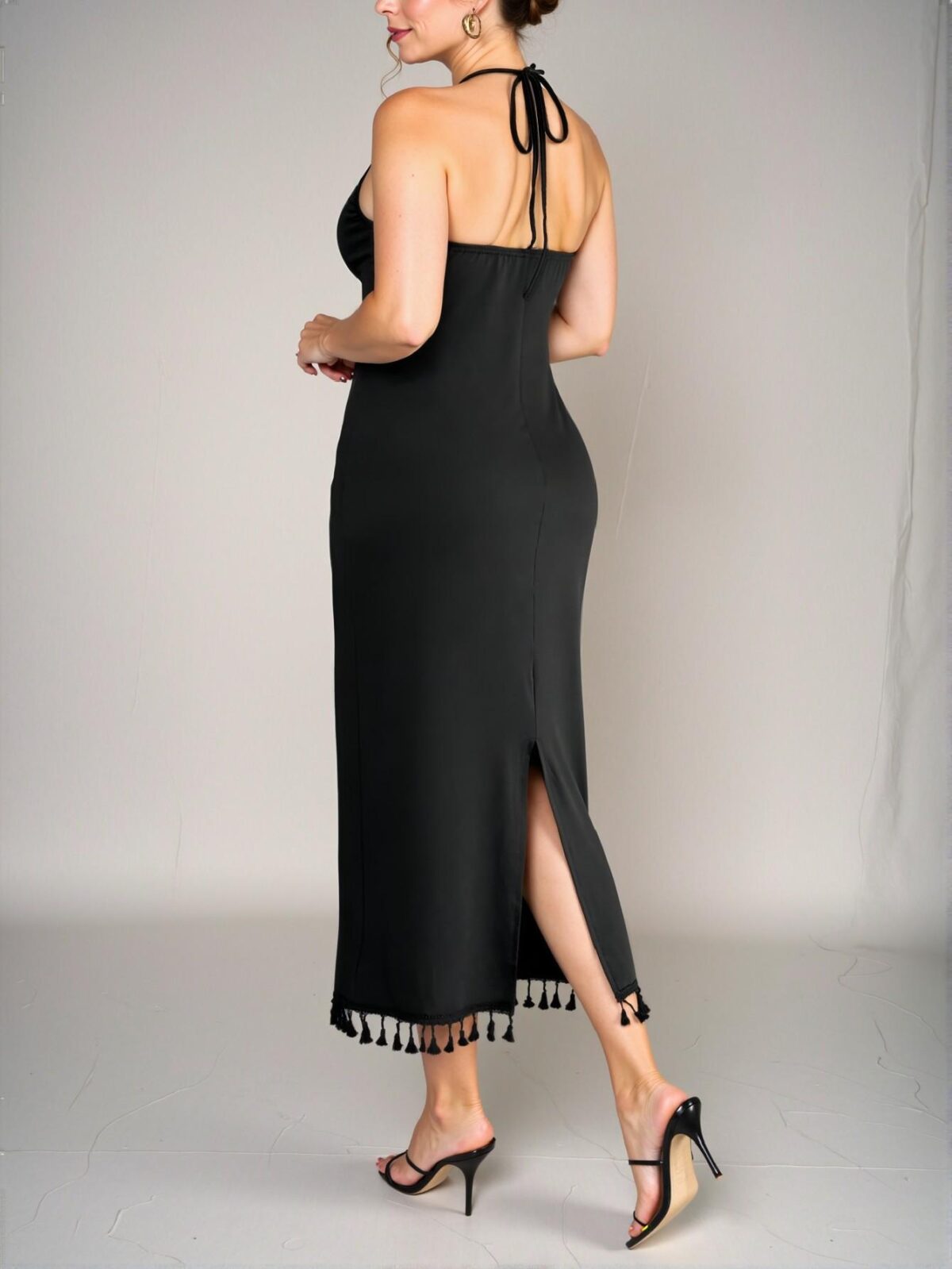 Elegant Black Floral Halter Neck Dress with Tassel Trim for Spring and Summer - Chic, Classy and Trendy Fashion Style to Dress to Impress - Image 2