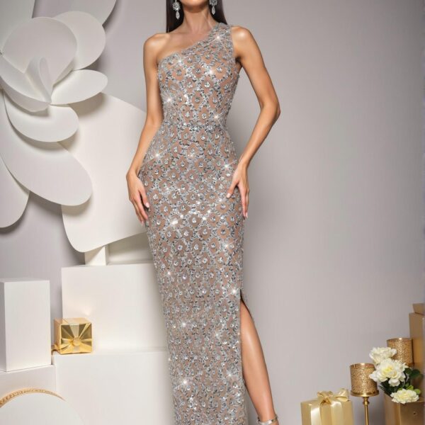 Elegant Khaki Backless Asymmetrical Neck Long Dress, Luxurious Rhinestone and Sequin Evening Gown for Women, Ideal for Weddings and Formal Events, Perfect for party, prom, graduation day, and ceremony for university, college, and high school, Formal Evening Dinner Cocktail, Wedding Guest Gown, Chic, Classy and Trendy Fashion Style to Dress to Impress.