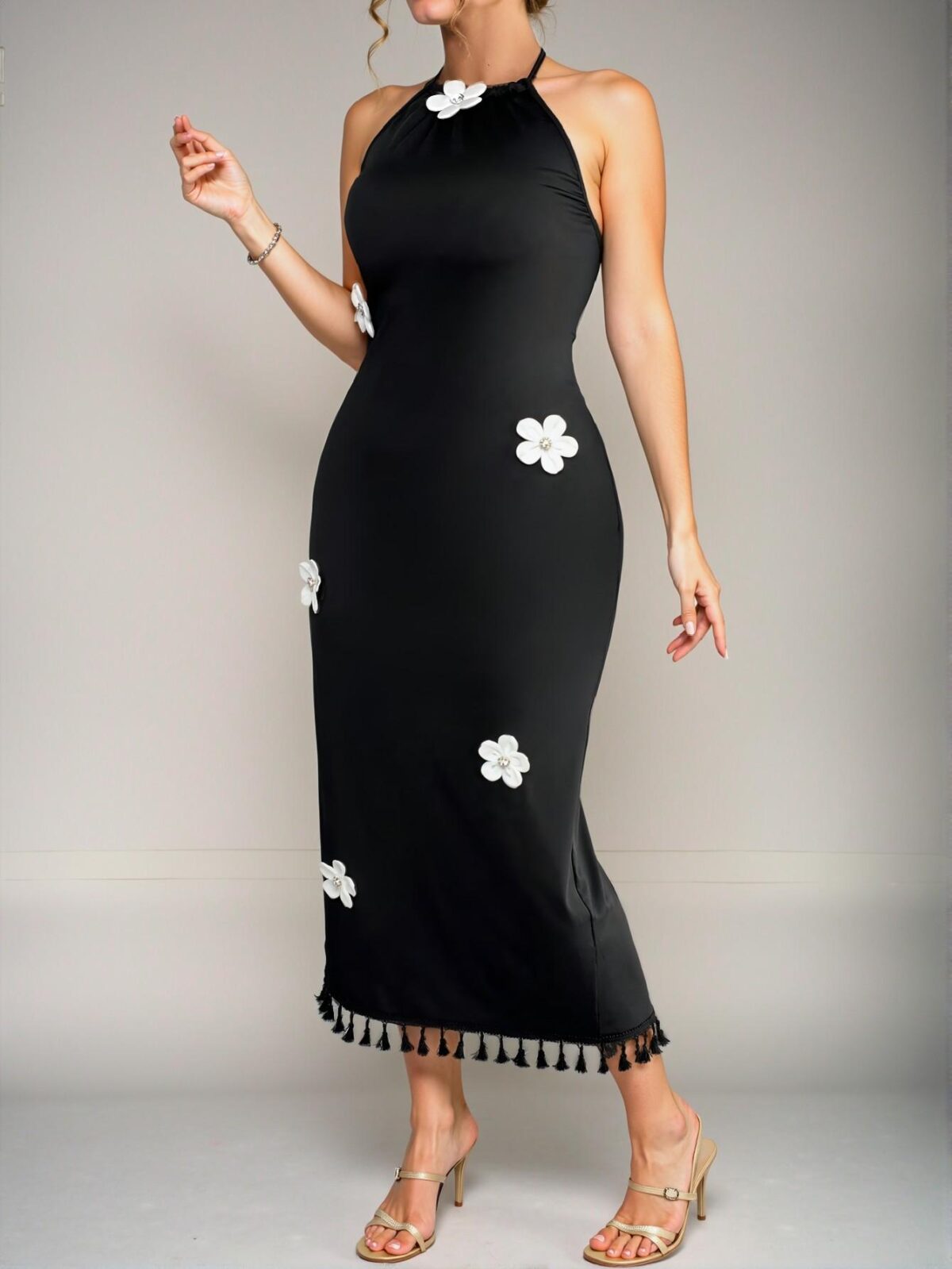 Elegant Black Floral Halter Neck Dress with Tassel Trim for Spring and Summer - Chic, Classy and Trendy Fashion Style to Dress to Impress - Image 3