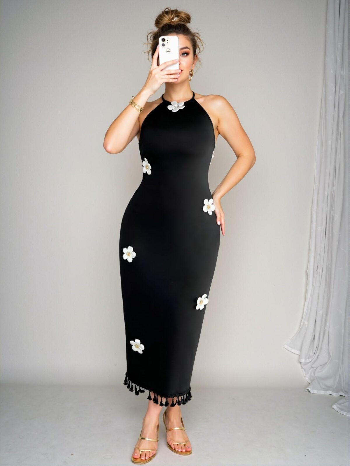 Elegant Black Floral Halter Neck Dress with Tassel Trim for Spring and Summer - Chic, Classy and Trendy Fashion Style to Dress to Impress - Image 4