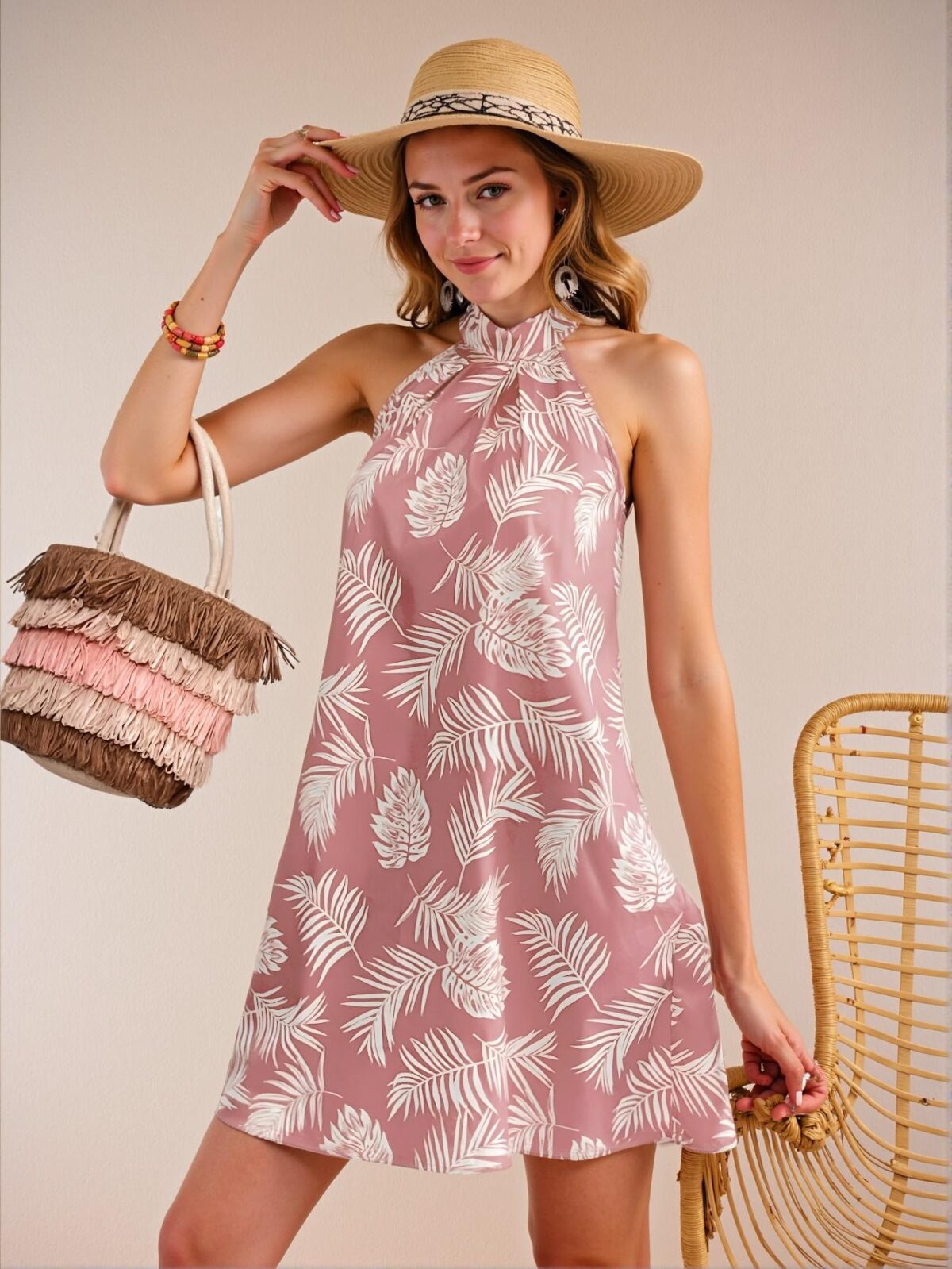 Elegant Multicolor Tropical Plant Print Casual Halter Dress for Women’s Summer Resort Wear, Perfect for Beach Outfits, Vacations, Concerts, Festivals, and Brunches - Chic, Classy and Trendy Fashion Style to Dress to Impress