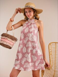 Elegant Multicolor Tropical Plant Print Casual Halter Dress for Women’s Summer Resort Wear, Perfect for Beach Outfits, Vacations, Concerts, Festivals, and Brunches - Chic, Classy and Trendy Fashion Style to Dress to Impress