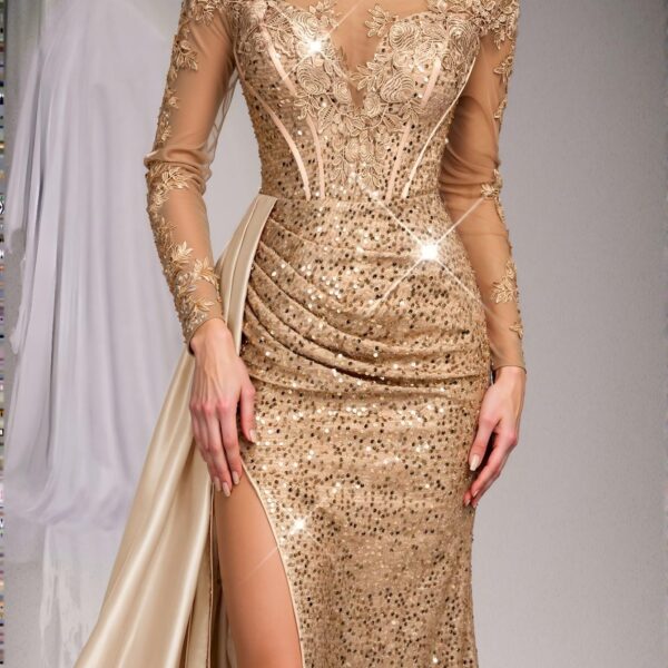 Elegant Apricot Luxurious Embroidered Sequined Lace and Satin Patchwork Ruched Slit Fishtail Skirt with Train, Ideal for Weddings, Parties, and Banquets - Perfect for party, prom, graduation day, and ceremony for university, college, and high school, Formal Evening Dinner Cocktail, Wedding Guest Gown, Chic, Classy and Trendy Fashion Style to Dress to Impress.