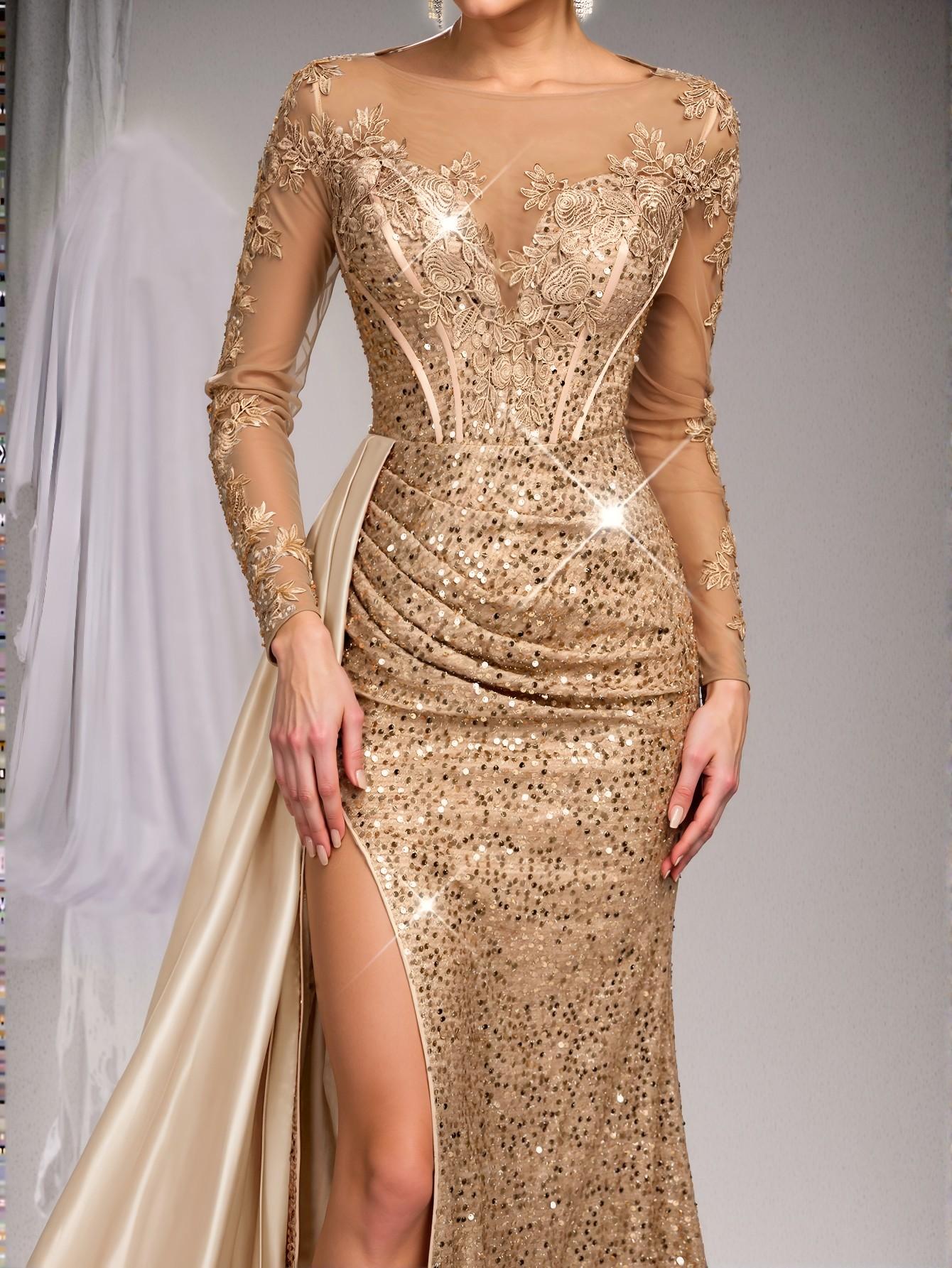 Elegant Apricot Luxurious Embroidered Sequined Lace and Satin Patchwork Ruched Slit Fishtail Skirt with Train, Ideal for Weddings, Parties, and Banquets - Perfect for party, prom, graduation day, and ceremony for university, college, and high school, Formal Evening Dinner Cocktail, Wedding Guest Gown, Chic, Classy and Trendy Fashion Style to Dress to Impress.