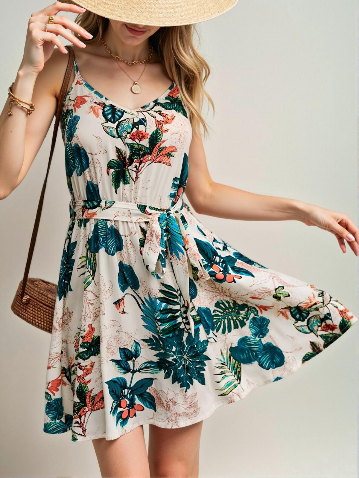 Elegant Multicolor Tropical Print Belted Bohemian Cami Dress for Spring and Summer - Chic, Classy and Trendy Fashion Style to Dress to Impress - Image 2