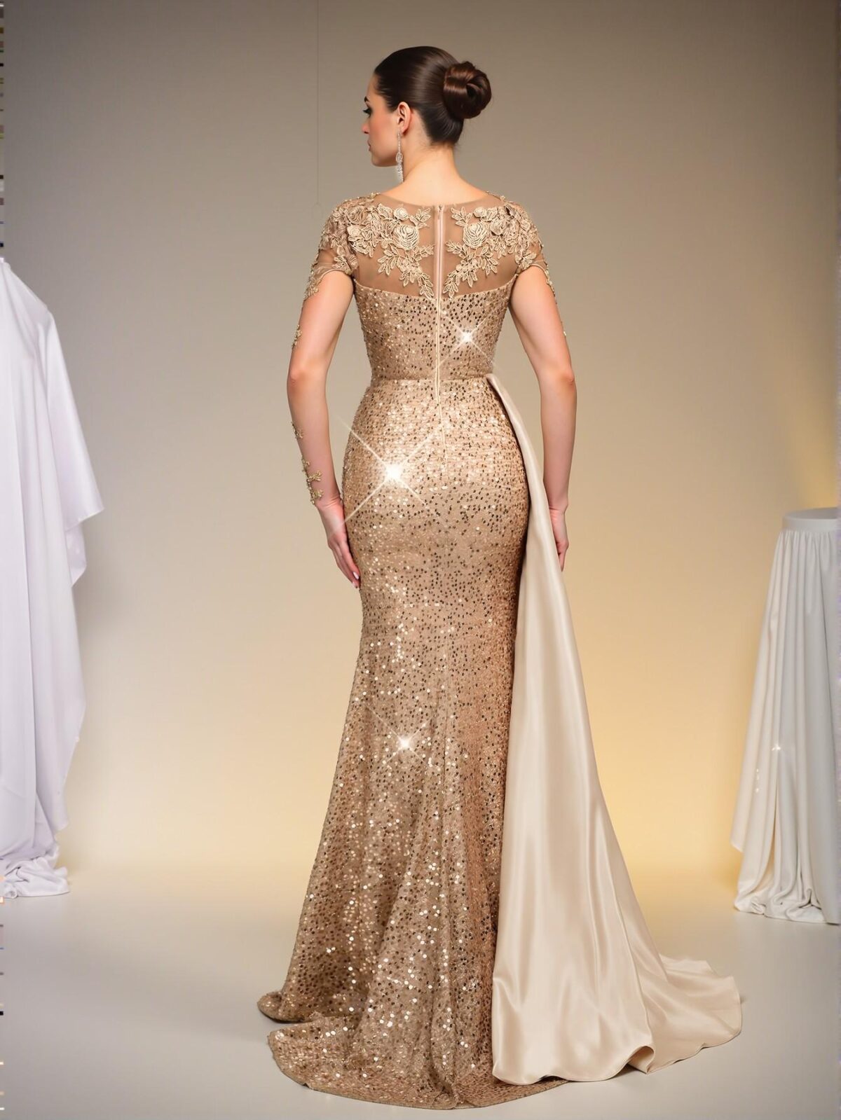Elegant Apricot Luxurious Embroidered Sequined Lace and Satin Patchwork Ruched Slit Fishtail Skirt with Train, Ideal for Weddings, Parties, and Banquets - Perfect for party, prom, graduation day, and ceremony for university, college, and high school, Formal Evening Dinner Cocktail, Wedding Guest Gown, Chic, Classy and Trendy Fashion Style to Dress to Impress. - Image 3