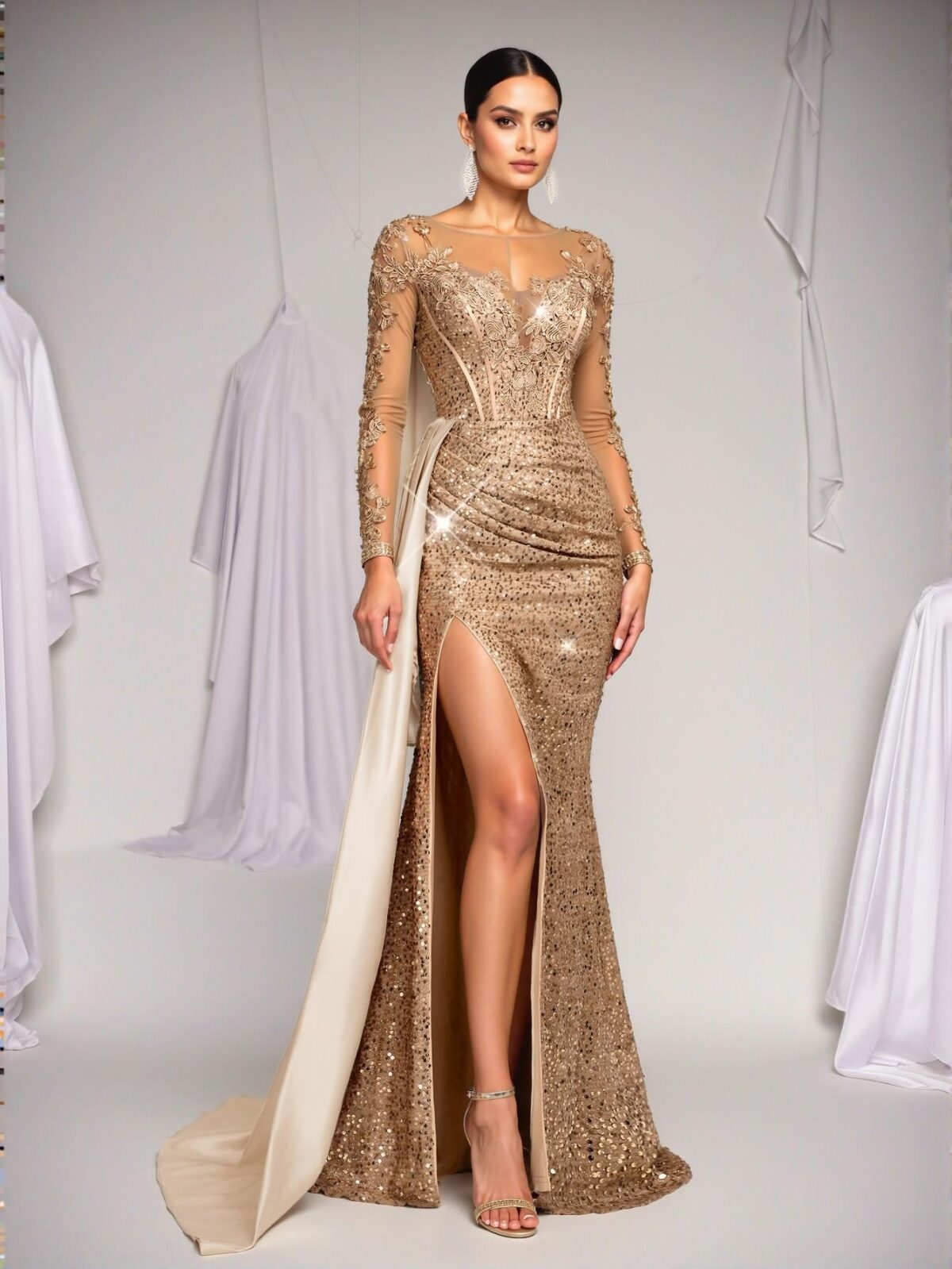 Elegant Apricot Luxurious Embroidered Sequined Lace and Satin Patchwork Ruched Slit Fishtail Skirt with Train, Ideal for Weddings, Parties, and Banquets - Perfect for party, prom, graduation day, and ceremony for university, college, and high school, Formal Evening Dinner Cocktail, Wedding Guest Gown, Chic, Classy and Trendy Fashion Style to Dress to Impress. - Image 4