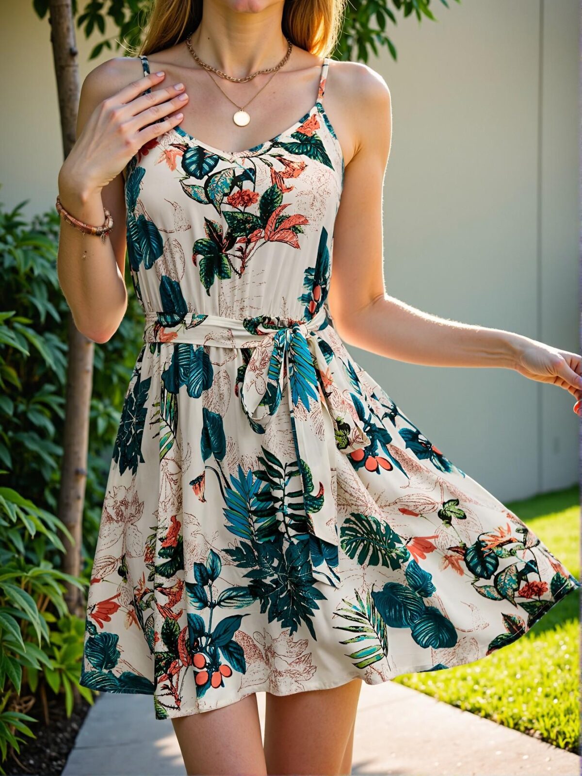 Elegant Multicolor Tropical Print Belted Bohemian Cami Dress for Spring and Summer - Chic, Classy and Trendy Fashion Style to Dress to Impress - Image 4