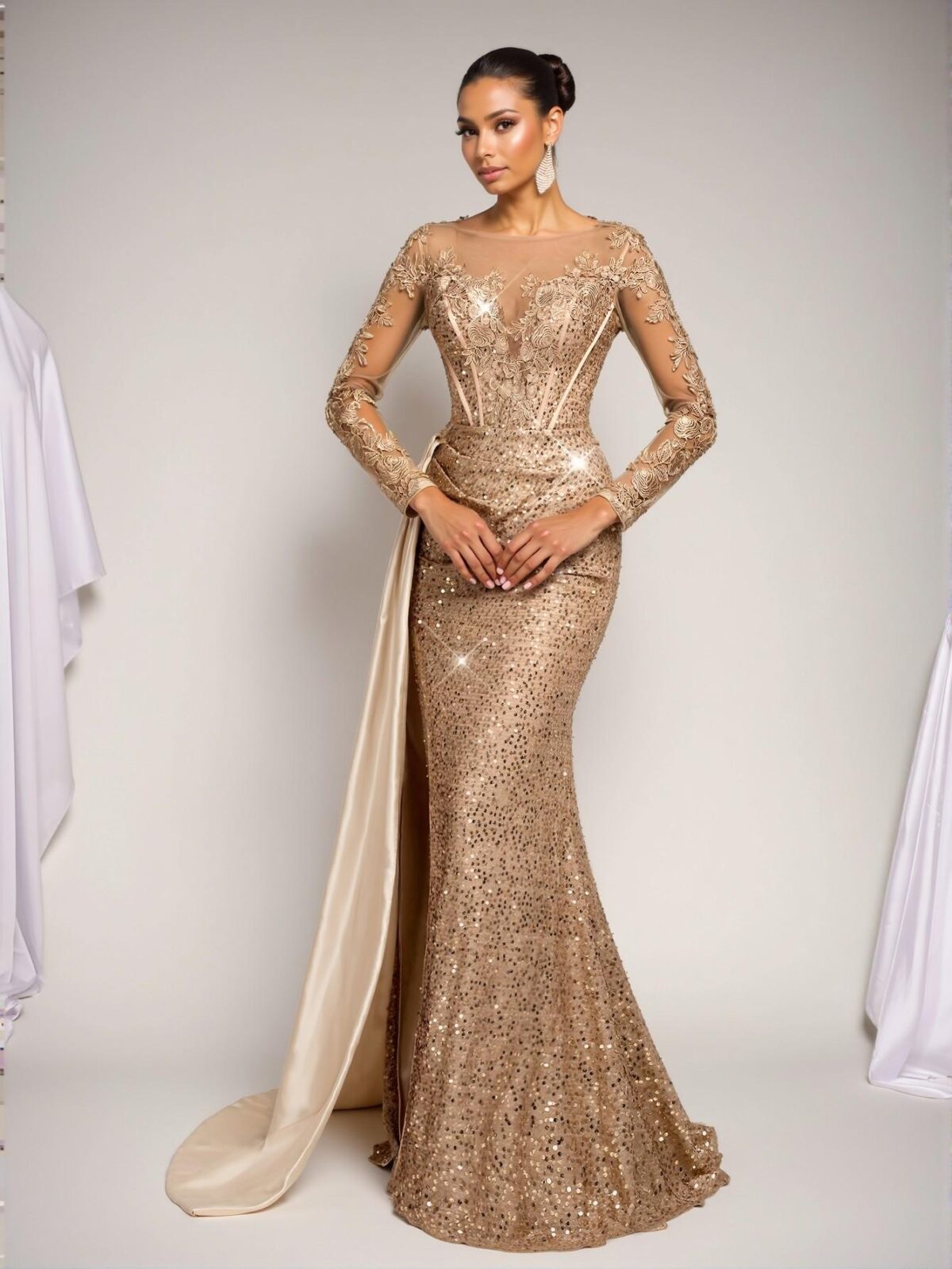 Elegant Apricot Luxurious Embroidered Sequined Lace and Satin Patchwork Ruched Slit Fishtail Skirt with Train, Ideal for Weddings, Parties, and Banquets - Perfect for party, prom, graduation day, and ceremony for university, college, and high school, Formal Evening Dinner Cocktail, Wedding Guest Gown, Chic, Classy and Trendy Fashion Style to Dress to Impress. - Image 5