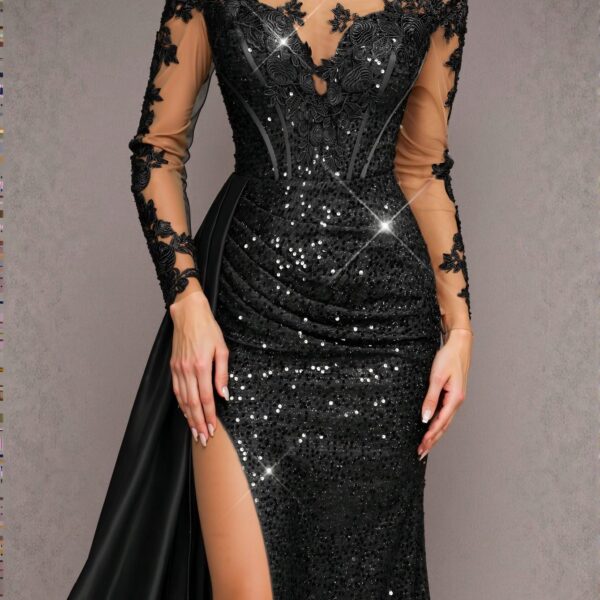 Elegant Black Luxe Mermaid Maxi Dress with Train Featuring Embroidery, Lace, and Sequin for Special Occasions - Heavy Duty. Perfect for party, prom, graduation day, and ceremony for university, college, and high school, Formal Evening Dinner Cocktail, Wedding Guest Gown, Chic, Classy and Trendy Fashion Style to Dress to Impress.