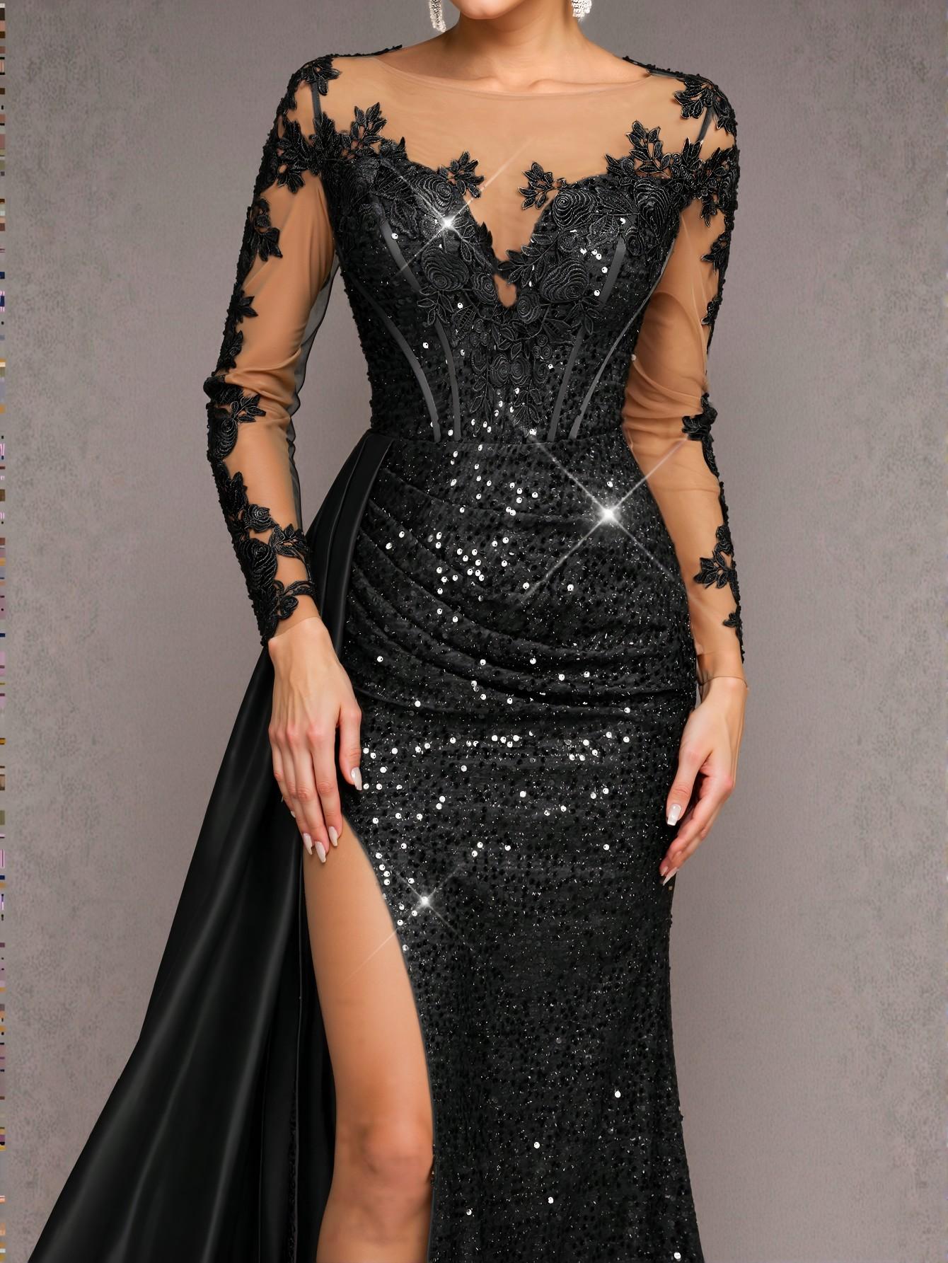 Elegant Black Luxe Mermaid Maxi Dress with Train Featuring Embroidery, Lace, and Sequin for Special Occasions - Heavy Duty. Perfect for party, prom, graduation day, and ceremony for university, college, and high school, Formal Evening Dinner Cocktail, Wedding Guest Gown, Chic, Classy and Trendy Fashion Style to Dress to Impress.