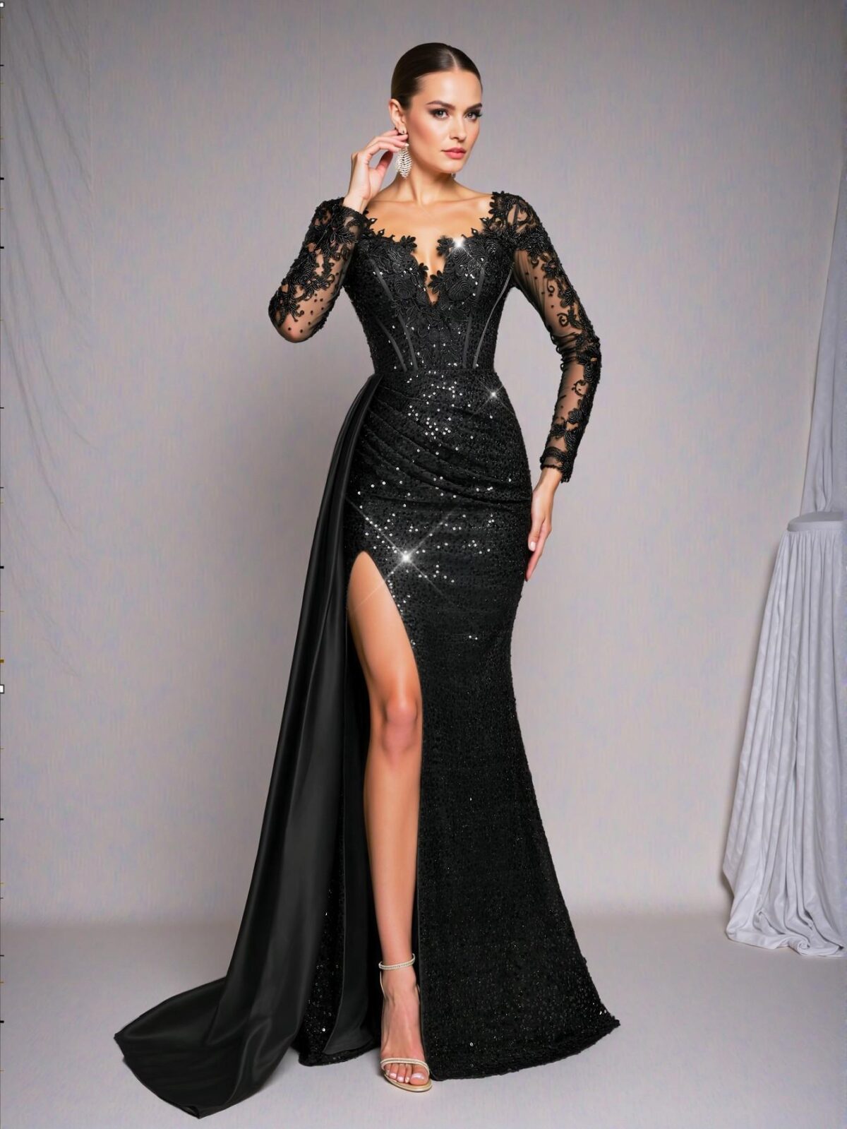 Elegant Black Luxe Mermaid Maxi Dress with Train Featuring Embroidery, Lace, and Sequin for Special Occasions - Heavy Duty. Perfect for party, prom, graduation day, and ceremony for university, college, and high school, Formal Evening Dinner Cocktail, Wedding Guest Gown, Chic, Classy and Trendy Fashion Style to Dress to Impress. - Image 2