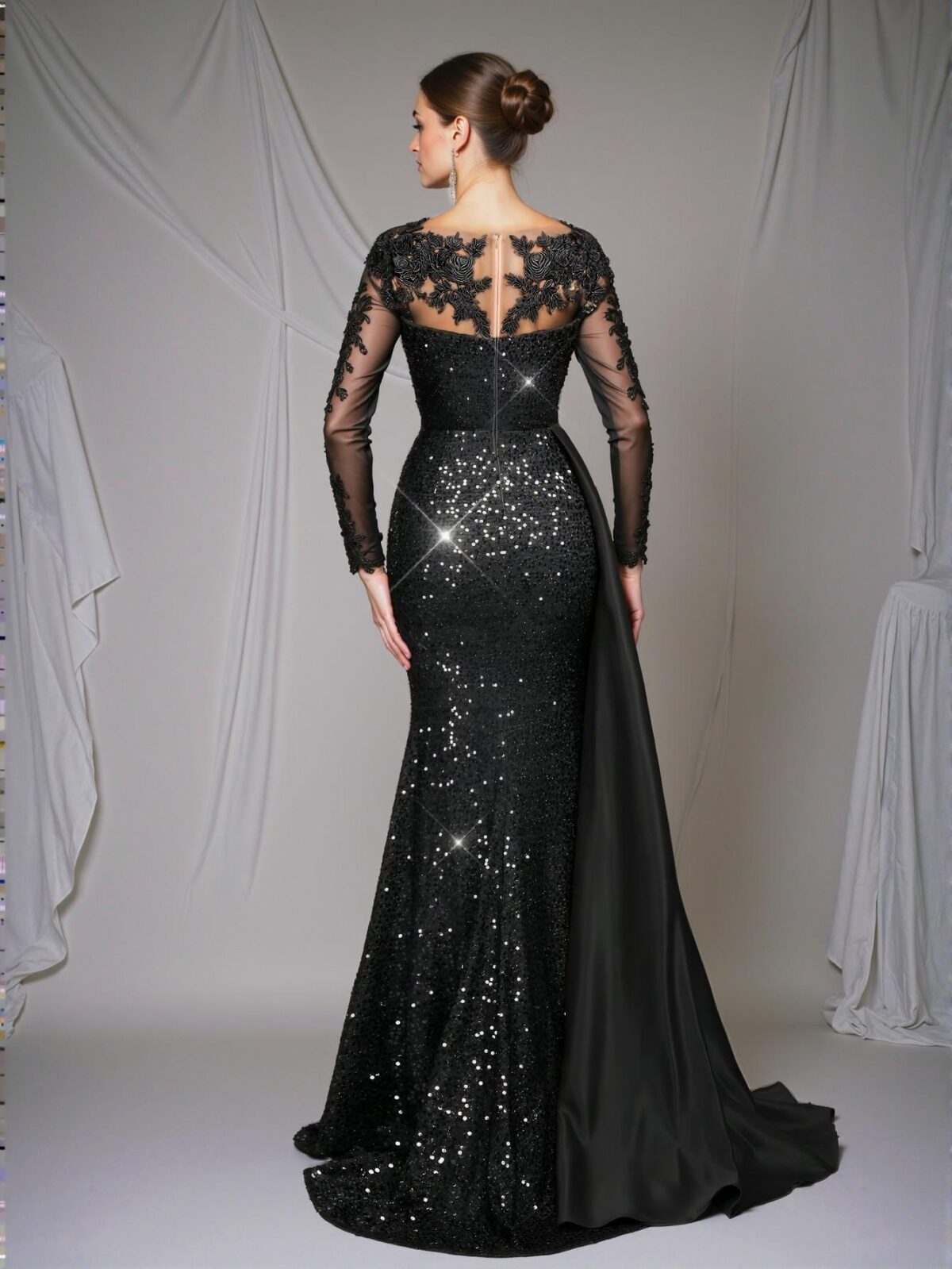 Elegant Black Luxe Mermaid Maxi Dress with Train Featuring Embroidery, Lace, and Sequin for Special Occasions - Heavy Duty. Perfect for party, prom, graduation day, and ceremony for university, college, and high school, Formal Evening Dinner Cocktail, Wedding Guest Gown, Chic, Classy and Trendy Fashion Style to Dress to Impress. - Image 3