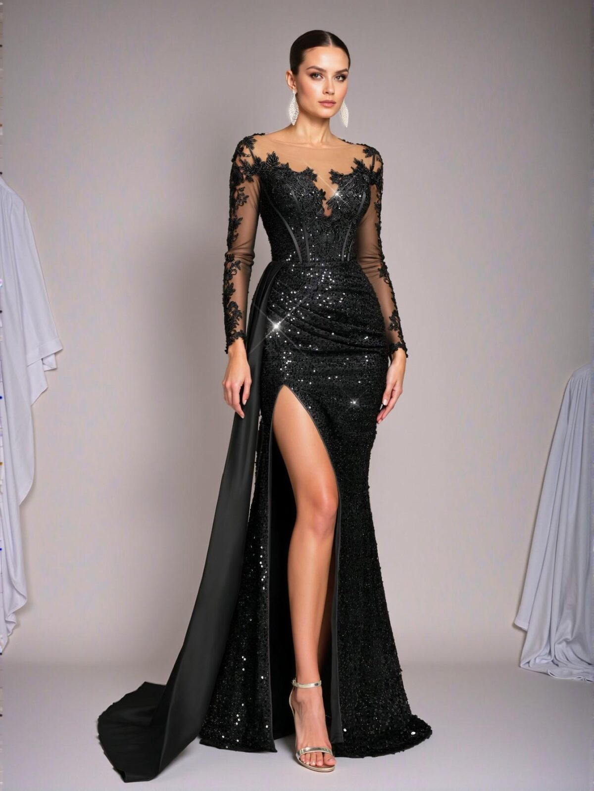 Elegant Black Luxe Mermaid Maxi Dress with Train Featuring Embroidery, Lace, and Sequin for Special Occasions - Heavy Duty. Perfect for party, prom, graduation day, and ceremony for university, college, and high school, Formal Evening Dinner Cocktail, Wedding Guest Gown, Chic, Classy and Trendy Fashion Style to Dress to Impress. - Image 4