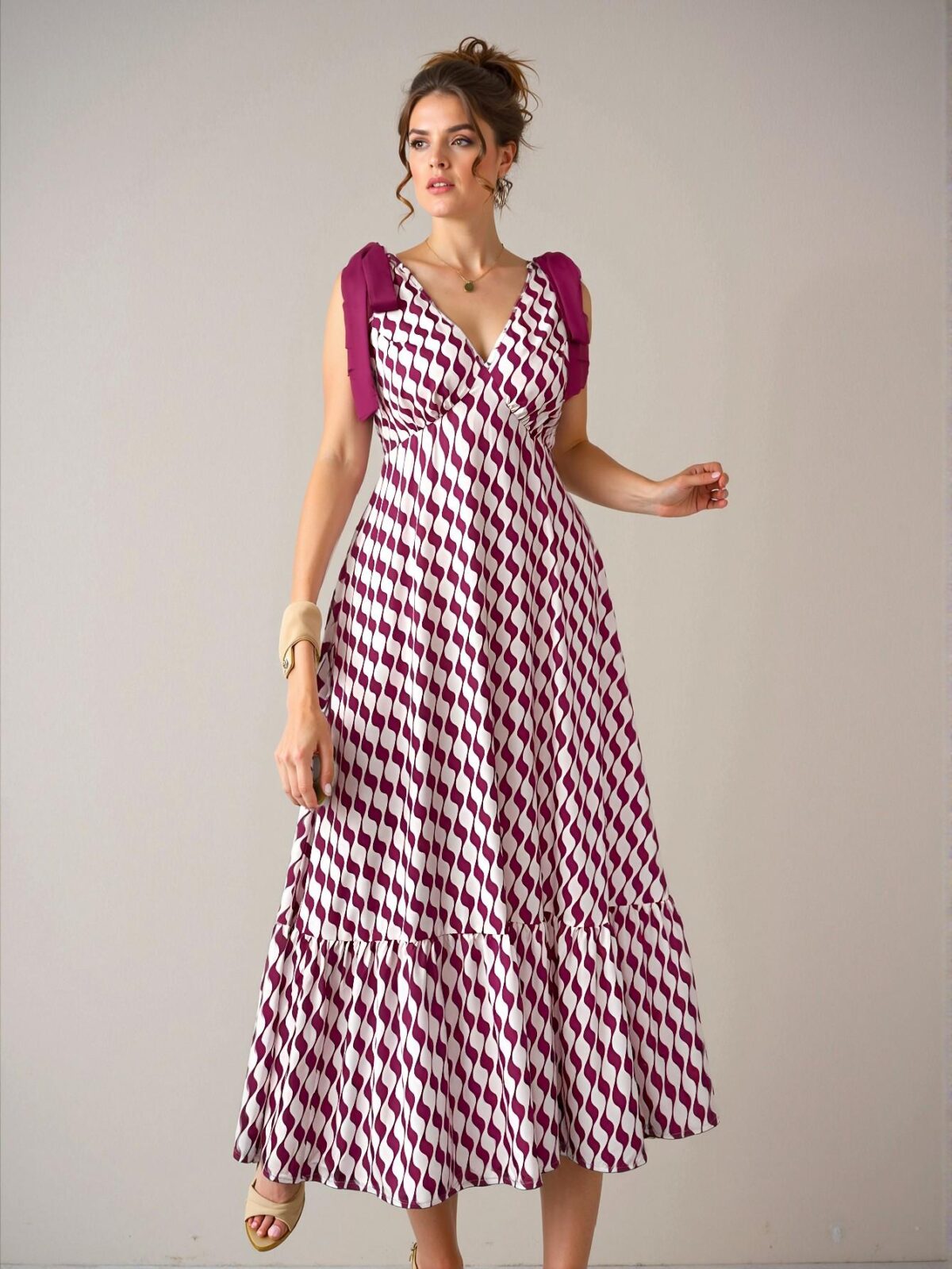 Elegant Hot Pink Flared A-Line Dress with Bowknot Shoulder and Ruffle Hem, Perfect for Celebrations and Beach Outings in Spring and Summer - Chic, Classy and Trendy Fashion Style to Dress to Impress