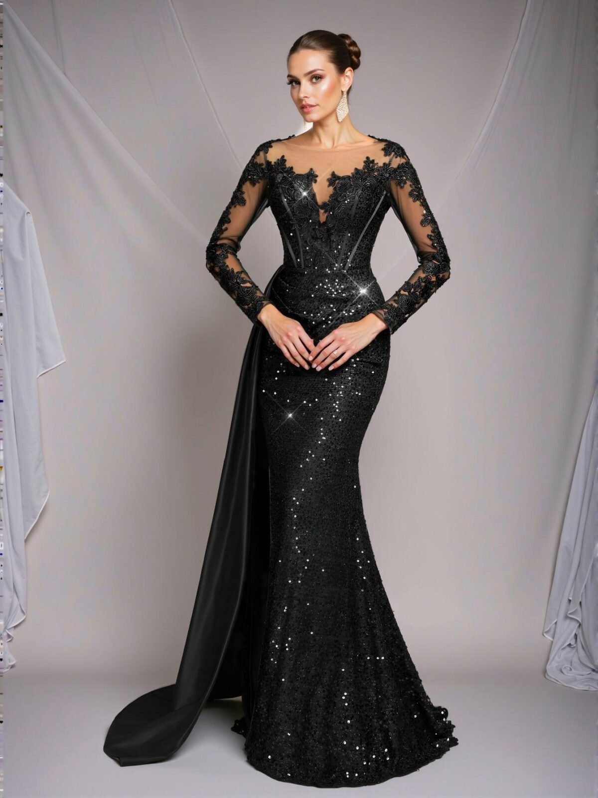 Elegant Black Luxe Mermaid Maxi Dress with Train Featuring Embroidery, Lace, and Sequin for Special Occasions - Heavy Duty. Perfect for party, prom, graduation day, and ceremony for university, college, and high school, Formal Evening Dinner Cocktail, Wedding Guest Gown, Chic, Classy and Trendy Fashion Style to Dress to Impress. - Image 5