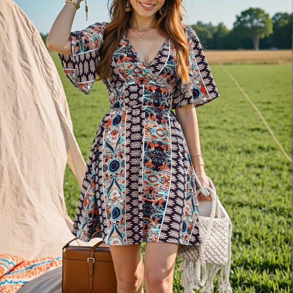 Elegant Navy Blue Breezaya Allover Print Butterfly Sleeve Belted Dress for Spring and Summer Beach Getaways – Chic, Classy and Trendy Fashion Style to Dress to Impress