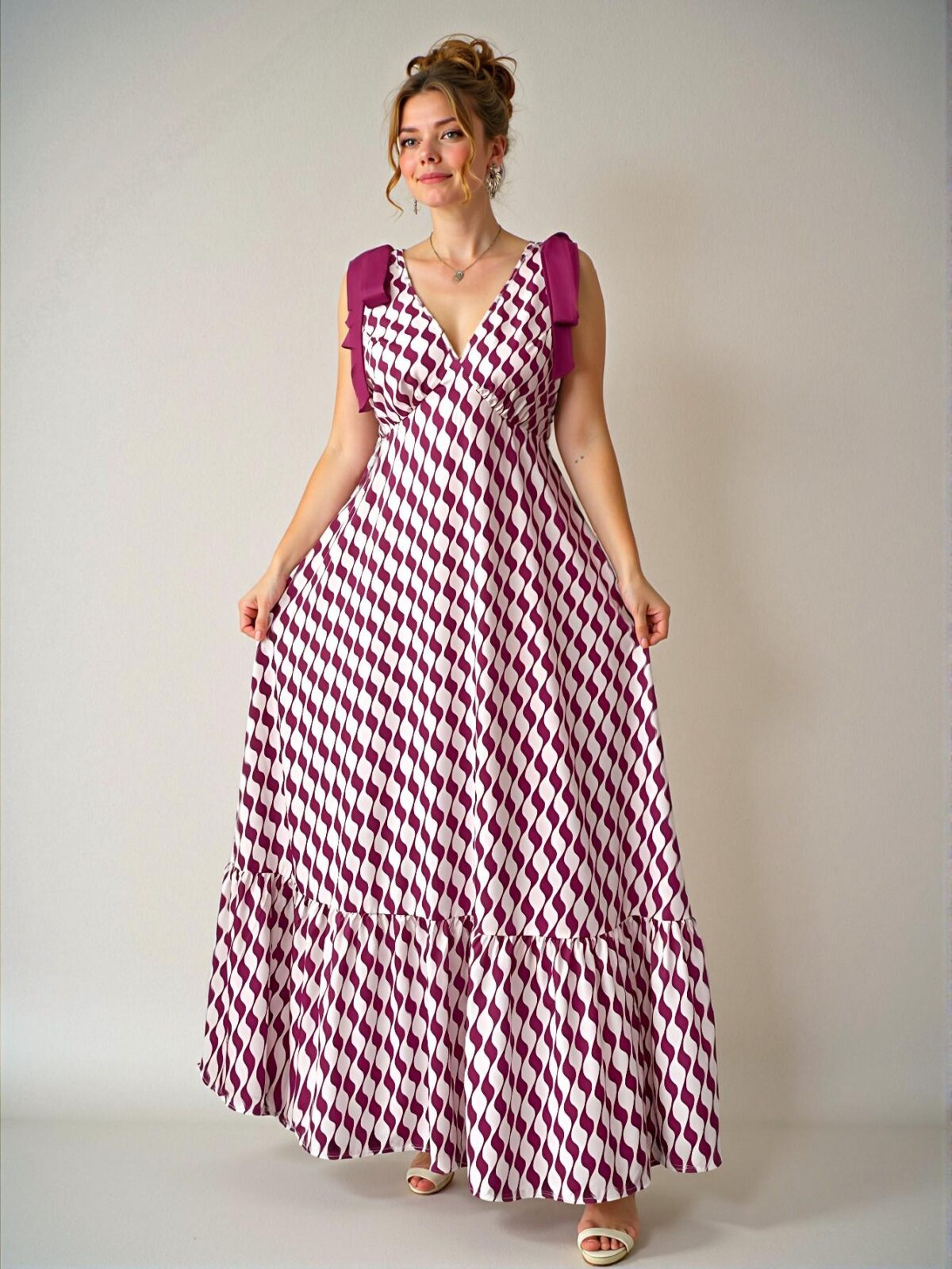 Elegant Hot Pink Flared A-Line Dress with Bowknot Shoulder and Ruffle Hem, Perfect for Celebrations and Beach Outings in Spring and Summer - Chic, Classy and Trendy Fashion Style to Dress to Impress - Image 3
