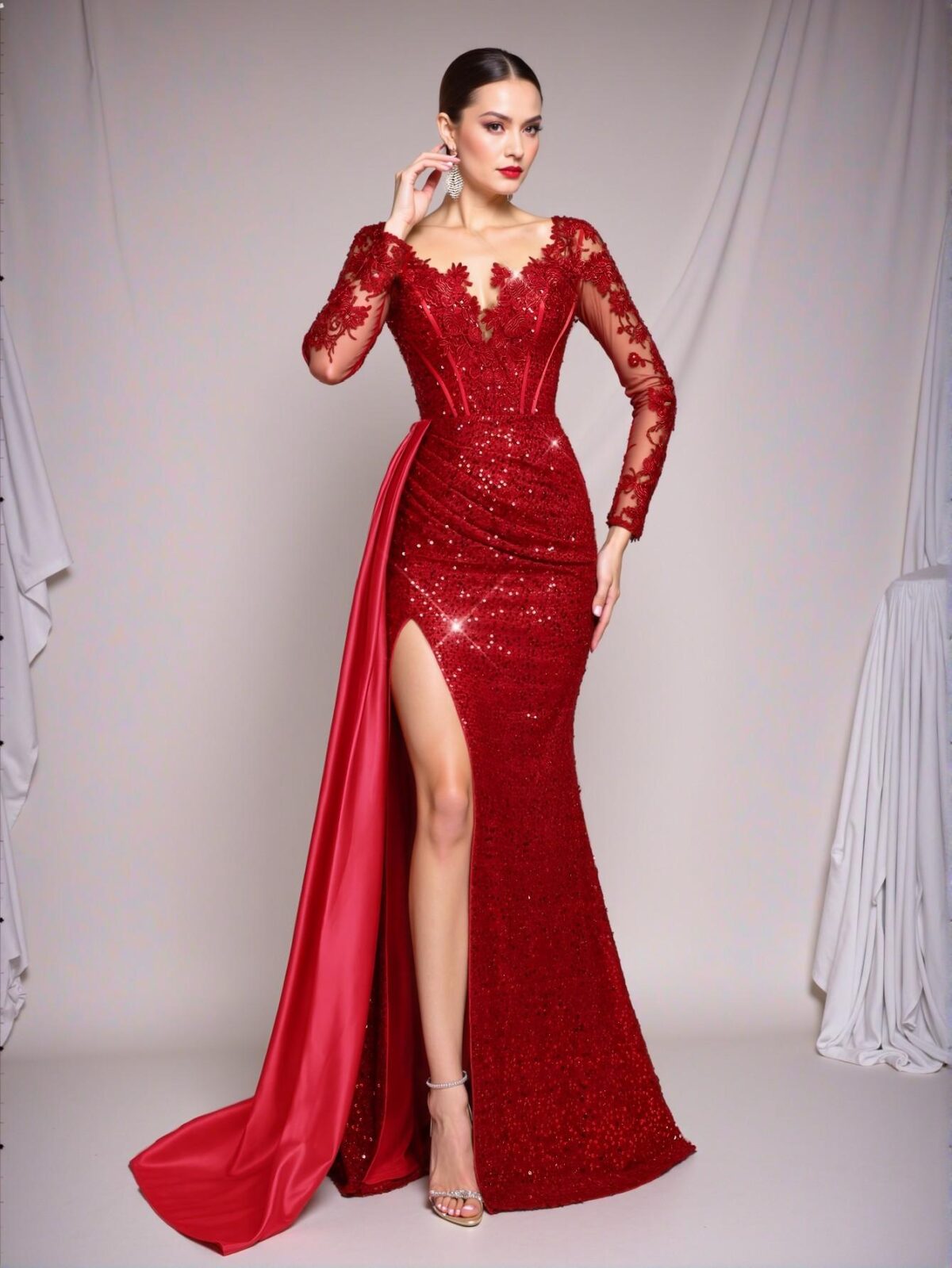 Elegant Red Glamrae Opulent Embroidered Applique Lace Sequined Satin Ruched Mermaid Tail Dress With Train, Ideal for Weddings, Elegant Gatherings, Vacations, Balls, and Formal Occasions, Perfect for party, prom, graduation day, and ceremony for university, college, and high school, Formal Evening Dinner Cocktail, Wedding Guest Gown, Chic, Classy and Trendy Fashion Style to Dress to Impress. - Image 2