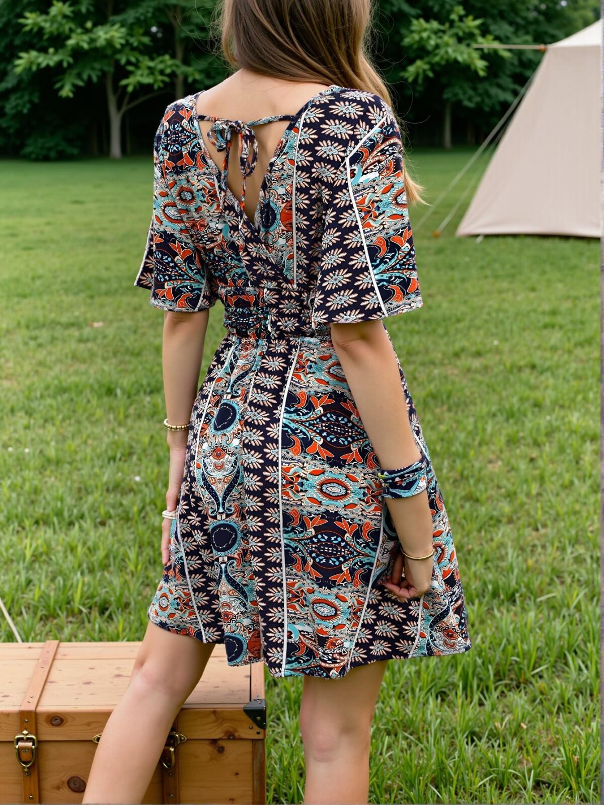 Elegant Navy Blue Breezaya Allover Print Butterfly Sleeve Belted Dress for Spring and Summer Beach Getaways – Chic, Classy and Trendy Fashion Style to Dress to Impress - Image 2