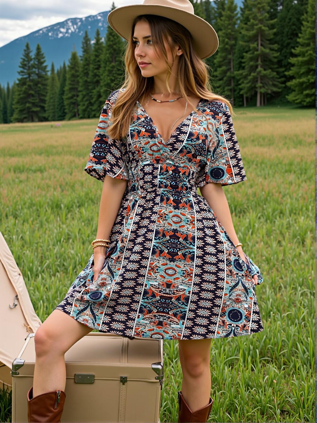 Elegant Navy Blue Breezaya Allover Print Butterfly Sleeve Belted Dress for Spring and Summer Beach Getaways – Chic, Classy and Trendy Fashion Style to Dress to Impress - Image 3