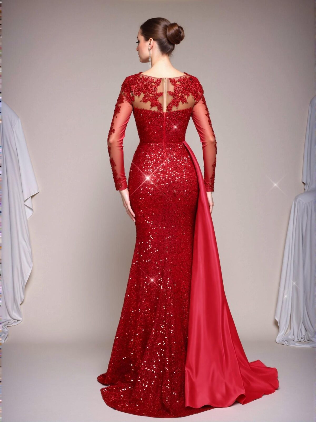 Elegant Red Glamrae Opulent Embroidered Applique Lace Sequined Satin Ruched Mermaid Tail Dress With Train, Ideal for Weddings, Elegant Gatherings, Vacations, Balls, and Formal Occasions, Perfect for party, prom, graduation day, and ceremony for university, college, and high school, Formal Evening Dinner Cocktail, Wedding Guest Gown, Chic, Classy and Trendy Fashion Style to Dress to Impress. - Image 3