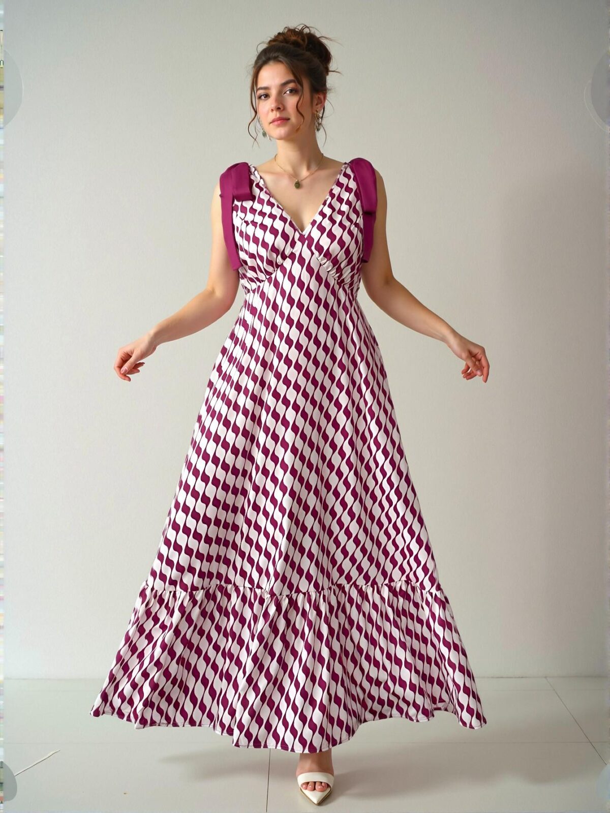 Elegant Hot Pink Flared A-Line Dress with Bowknot Shoulder and Ruffle Hem, Perfect for Celebrations and Beach Outings in Spring and Summer - Chic, Classy and Trendy Fashion Style to Dress to Impress - Image 4