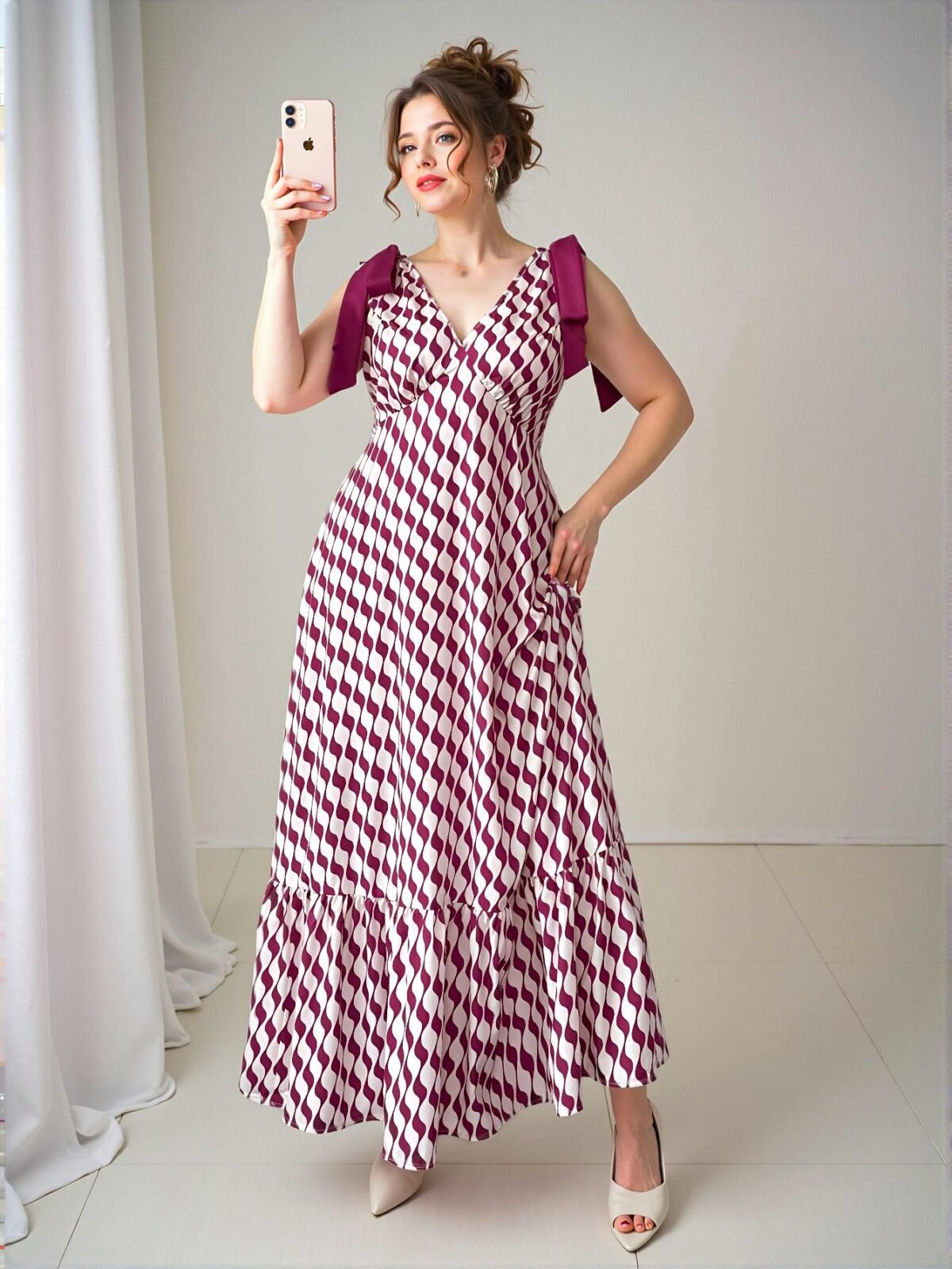 Elegant Hot Pink Flared A-Line Dress with Bowknot Shoulder and Ruffle Hem, Perfect for Celebrations and Beach Outings in Spring and Summer - Chic, Classy and Trendy Fashion Style to Dress to Impress - Image 5