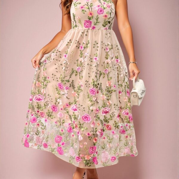 Elegant Apricot Stylish Plus Size Floral Embroidery Halter Backless Casual Sleeveless Dress for Spring and Summer Chic, Classy and Trendy Fashion Style to Dress to Impress
