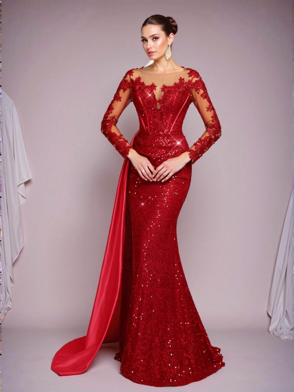 Elegant Red Glamrae Opulent Embroidered Applique Lace Sequined Satin Ruched Mermaid Tail Dress With Train, Ideal for Weddings, Elegant Gatherings, Vacations, Balls, and Formal Occasions, Perfect for party, prom, graduation day, and ceremony for university, college, and high school, Formal Evening Dinner Cocktail, Wedding Guest Gown, Chic, Classy and Trendy Fashion Style to Dress to Impress. - Image 5