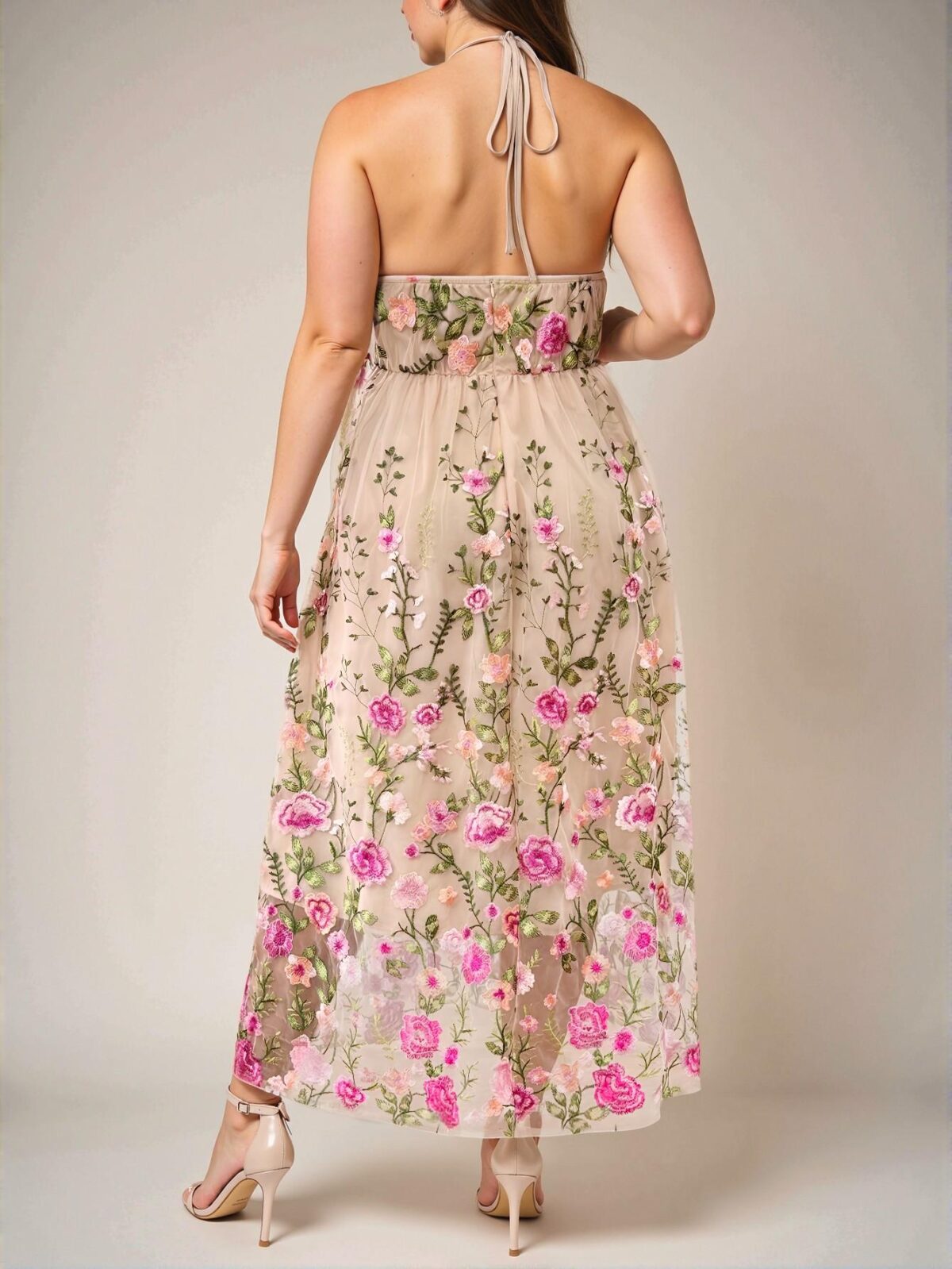 Elegant Apricot Stylish Plus Size Floral Embroidery Halter Backless Casual Sleeveless Dress for Spring and Summer Chic, Classy and Trendy Fashion Style to Dress to Impress - Image 2