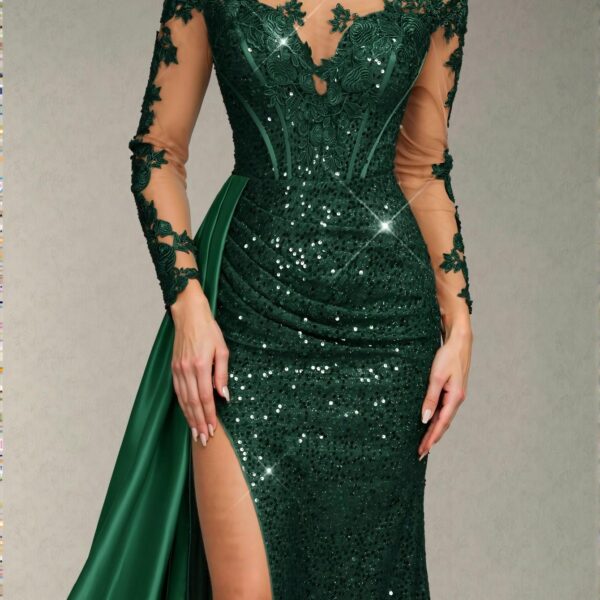 Elegant Dark Green Glamrae Embroidered Sequin Lace Satin Ruched Slit Fishtail Maxi Dress with Train, Ideal for Weddings, Formal Events, Parties, and Special Occasions. Perfect for party, prom, graduation day, and ceremony for university, college, and high school, Formal Evening Dinner Cocktail, Wedding Guest Gown, Chic, Classy and Trendy Fashion Style to Dress to Impress.