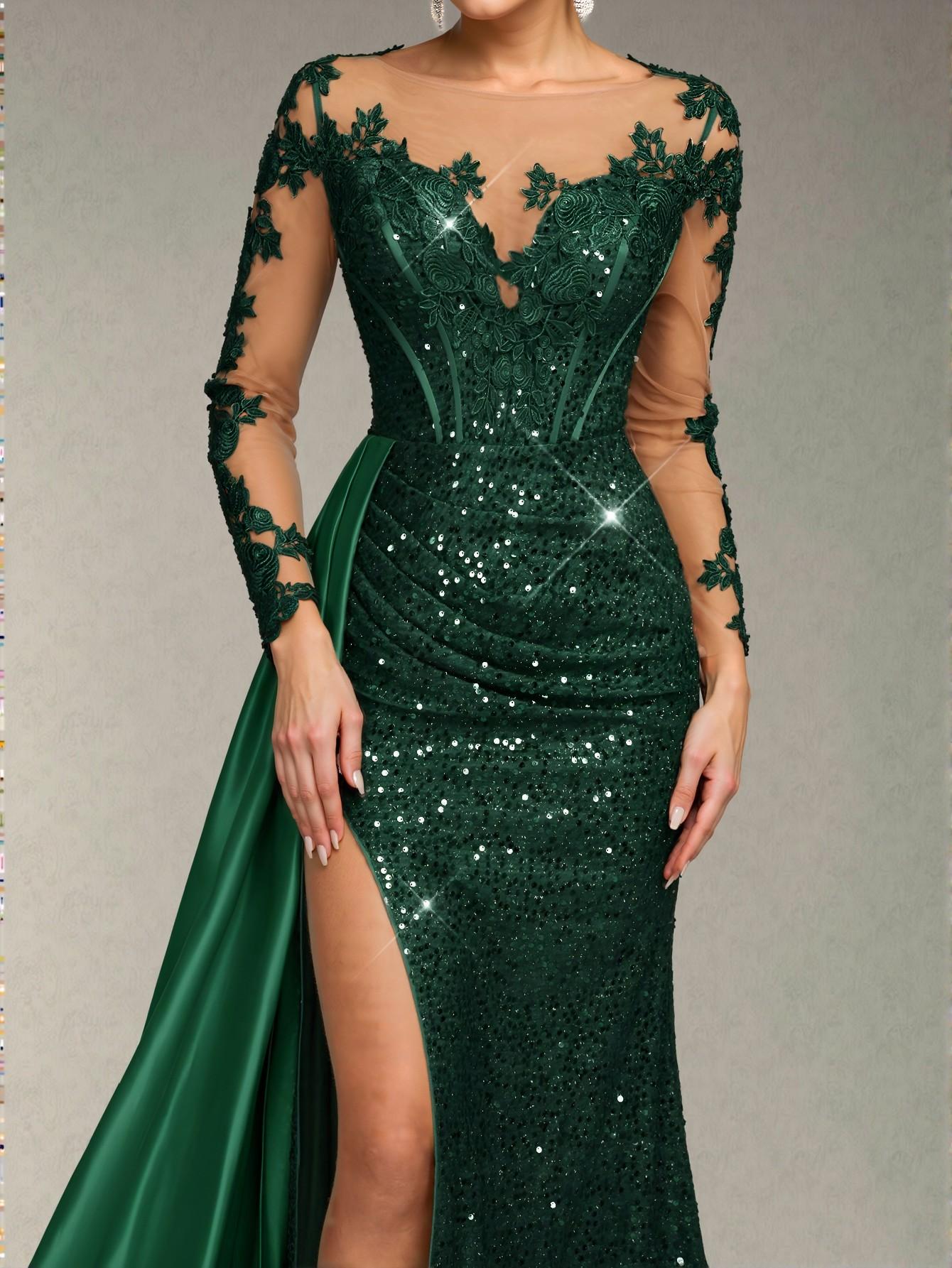 Elegant Dark Green Glamrae Embroidered Sequin Lace Satin Ruched Slit Fishtail Maxi Dress with Train, Ideal for Weddings, Formal Events, Parties, and Special Occasions. Perfect for party, prom, graduation day, and ceremony for university, college, and high school, Formal Evening Dinner Cocktail, Wedding Guest Gown, Chic, Classy and Trendy Fashion Style to Dress to Impress.